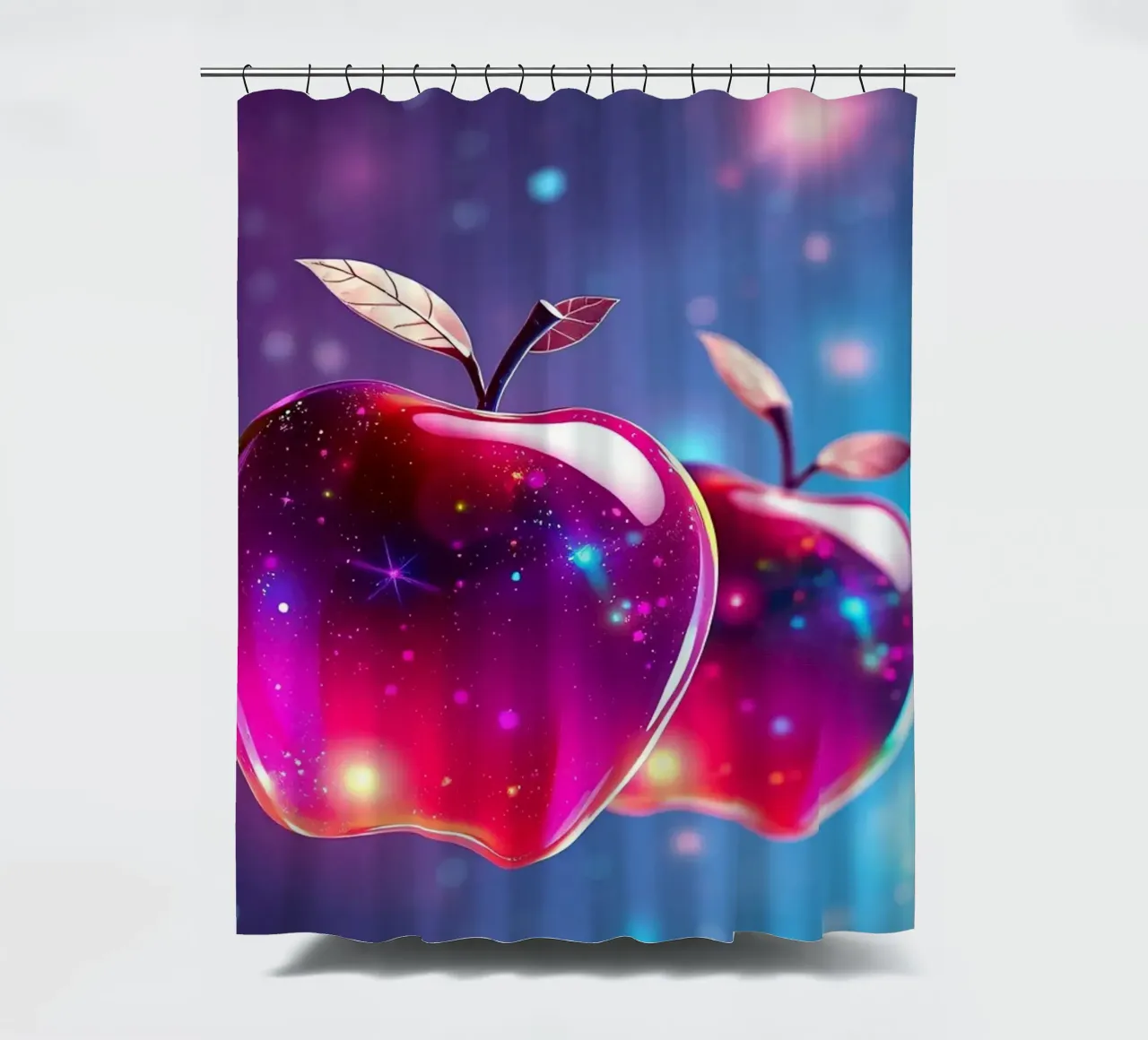 glossy apples with cosmic background and sparkling elements shower curtain by DesignDoodle