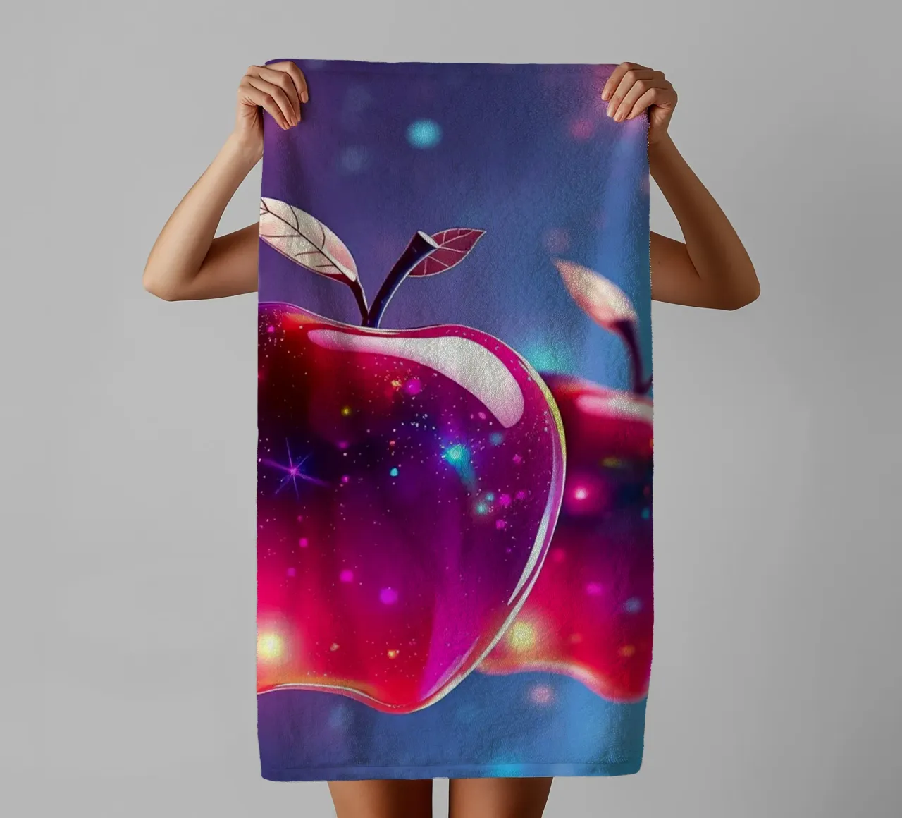 glossy apples with cosmic background and sparkling elements towel by DesignDoodle