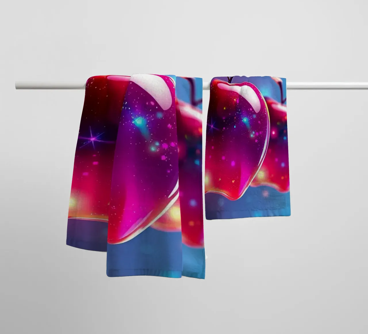 glossy apples with cosmic background and sparkling elements towel by DesignDoodle