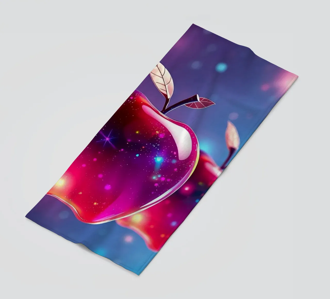 glossy apples with cosmic background and sparkling elements beach towel by DesignDoodle