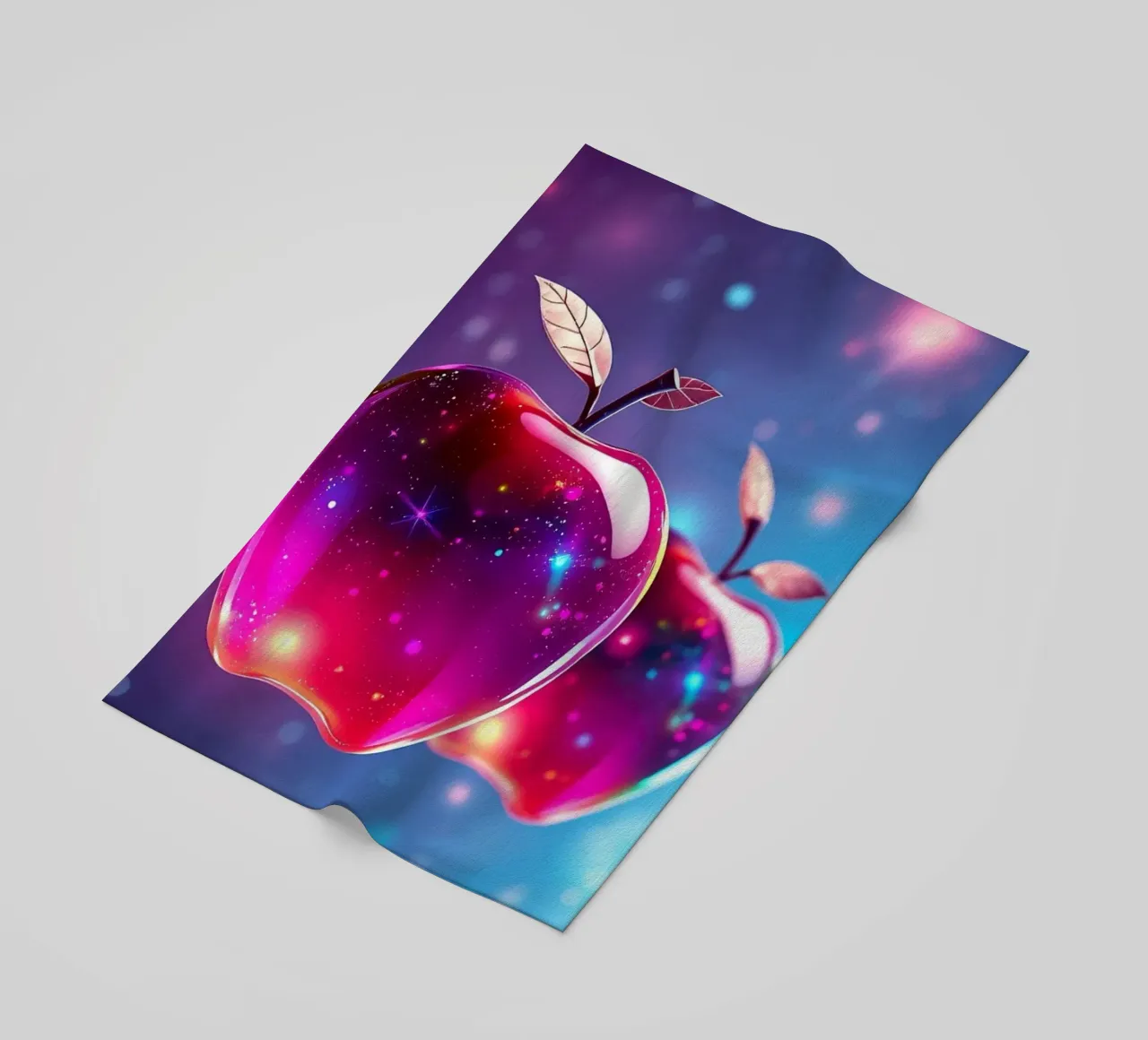 glossy apples with cosmic background and sparkling elements beach towel by DesignDoodle