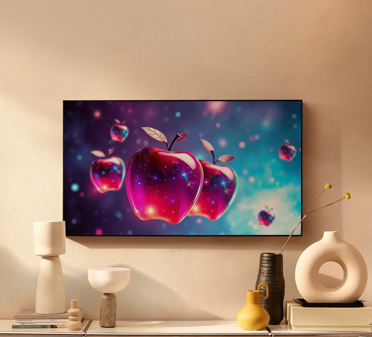 Mele lucide con sfondo cosmico ed elementi scintillanti plexiglass da DesignDoodle