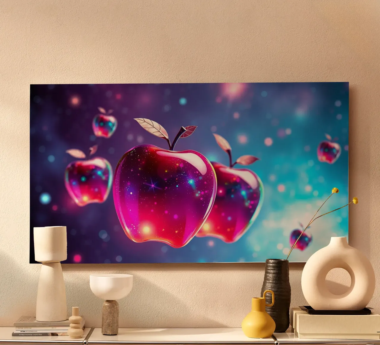glossy apples with cosmic background and sparkling elements alu-dibond by DesignDoodle