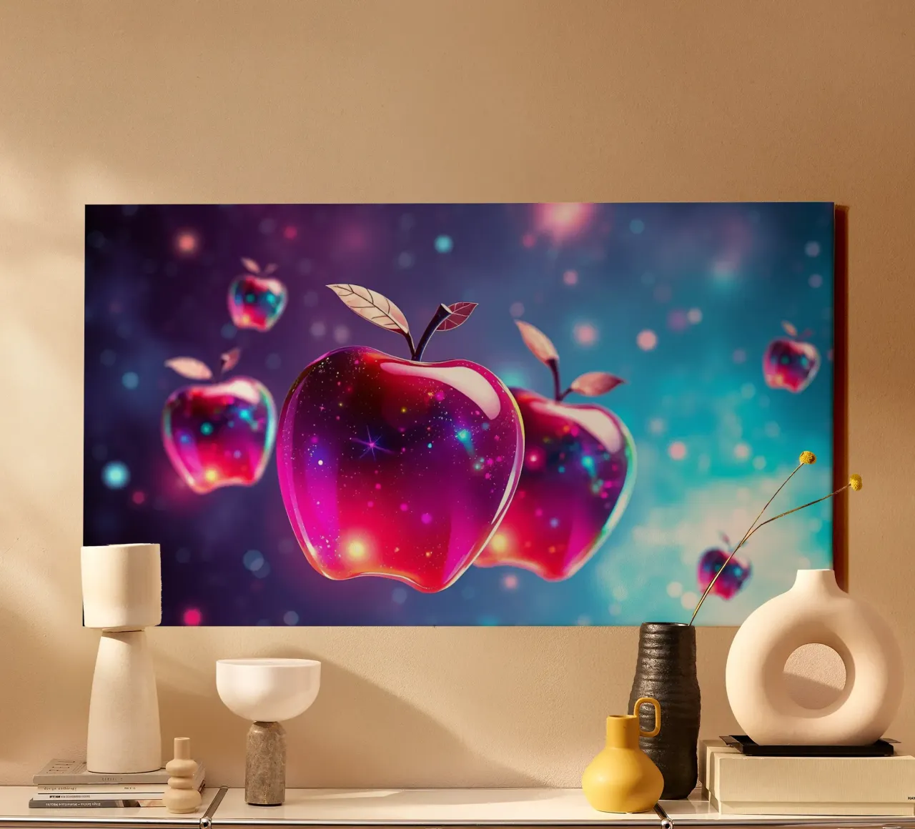 glossy apples with cosmic background and sparkling elements canvas by DesignDoodle