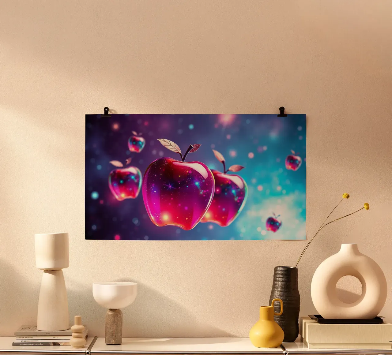 glossy apples with cosmic background and sparkling elements poster by DesignDoodle