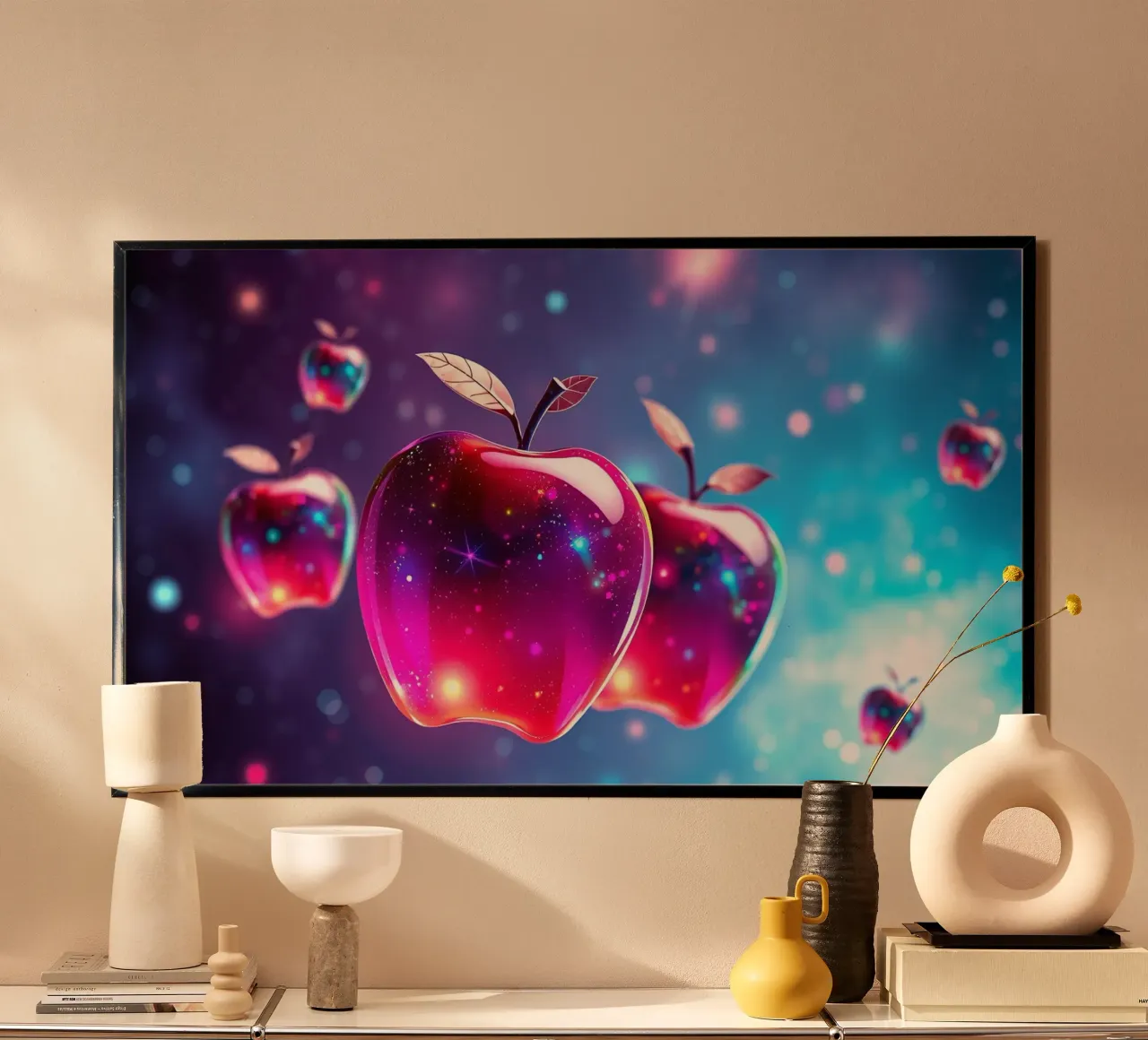 glossy apples with cosmic background and sparkling elements poster by DesignDoodle