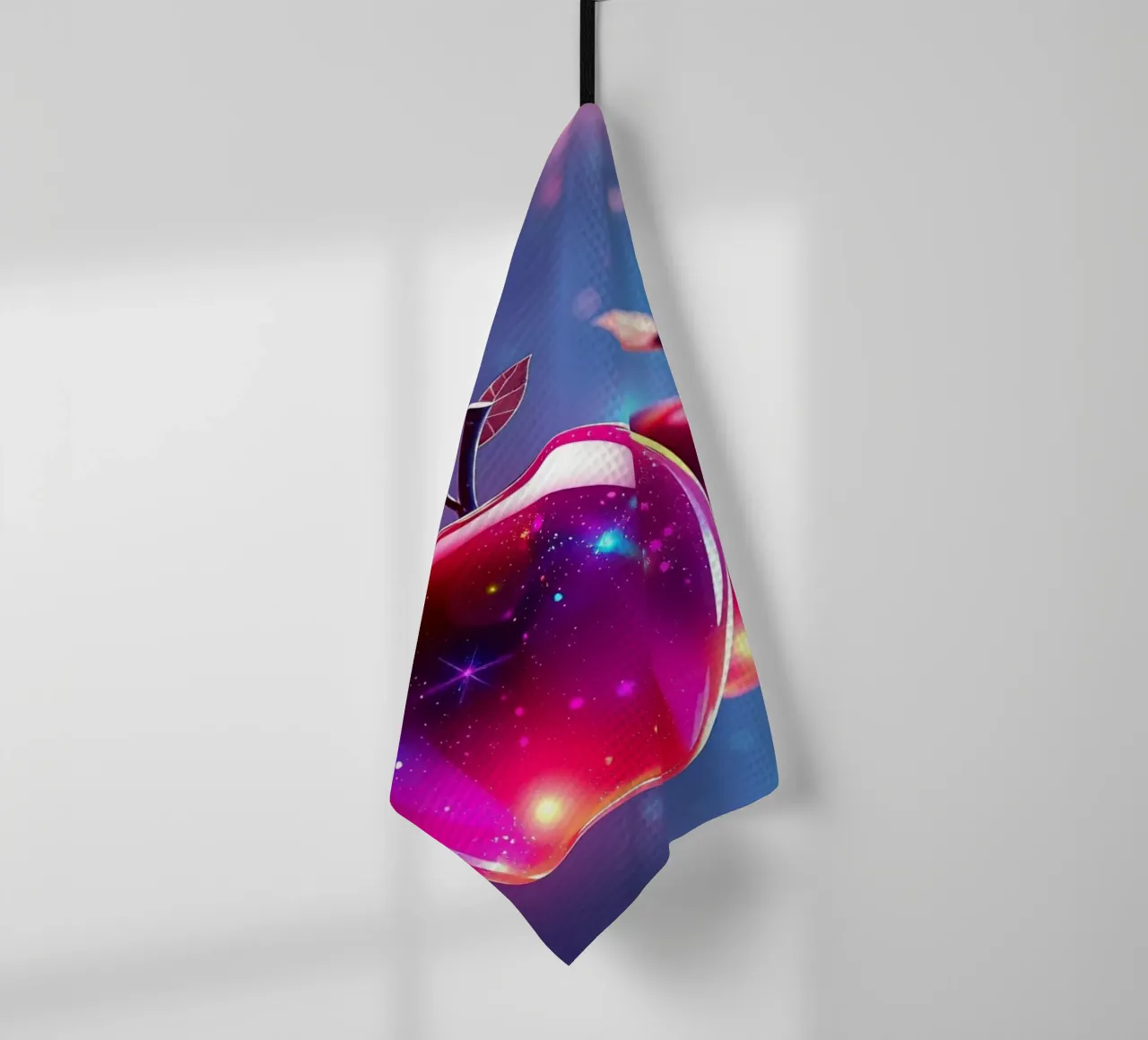 glossy apples with cosmic background and sparkling elements tea towel by DesignDoodle