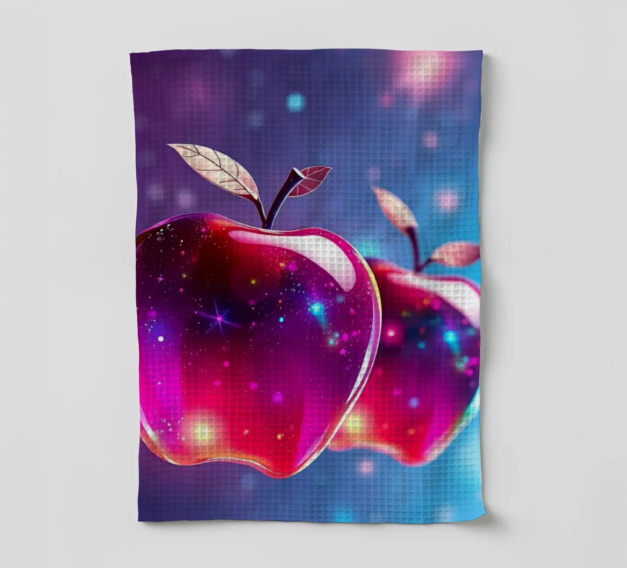 glossy apples with cosmic background and sparkling elements tea towel by DesignDoodle