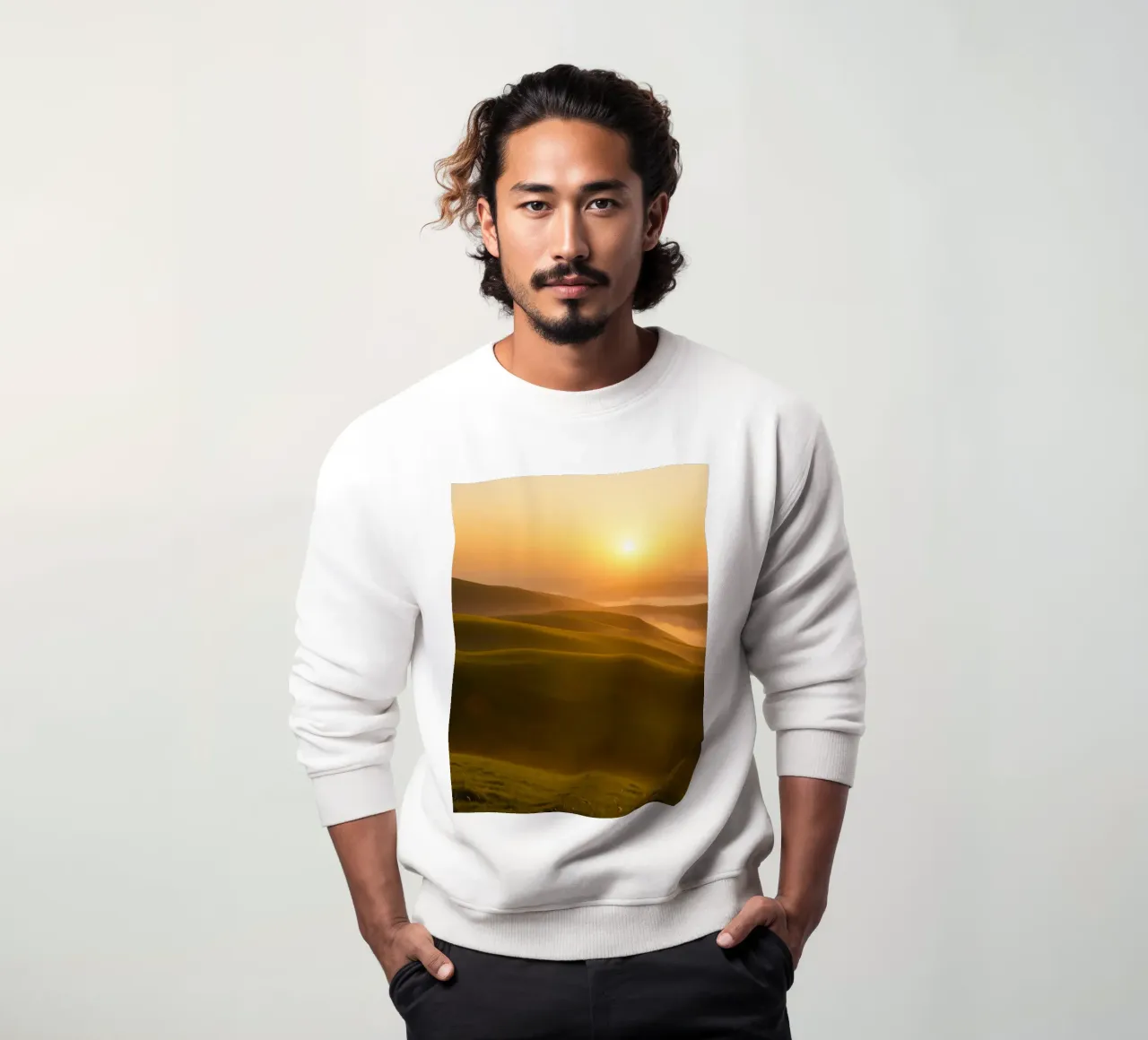 Tramonto su dolci colline verdi con nebbia che crea un'atmosfera serena. felpa da DesignDoodle