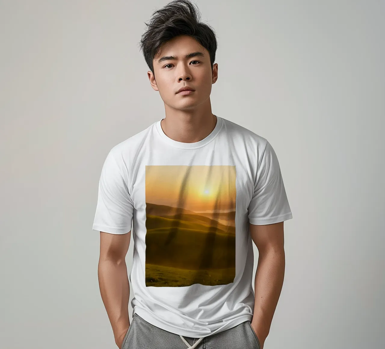 Sunset over rolling green hills with mist creating a serene t-shirt by DesignDoodle