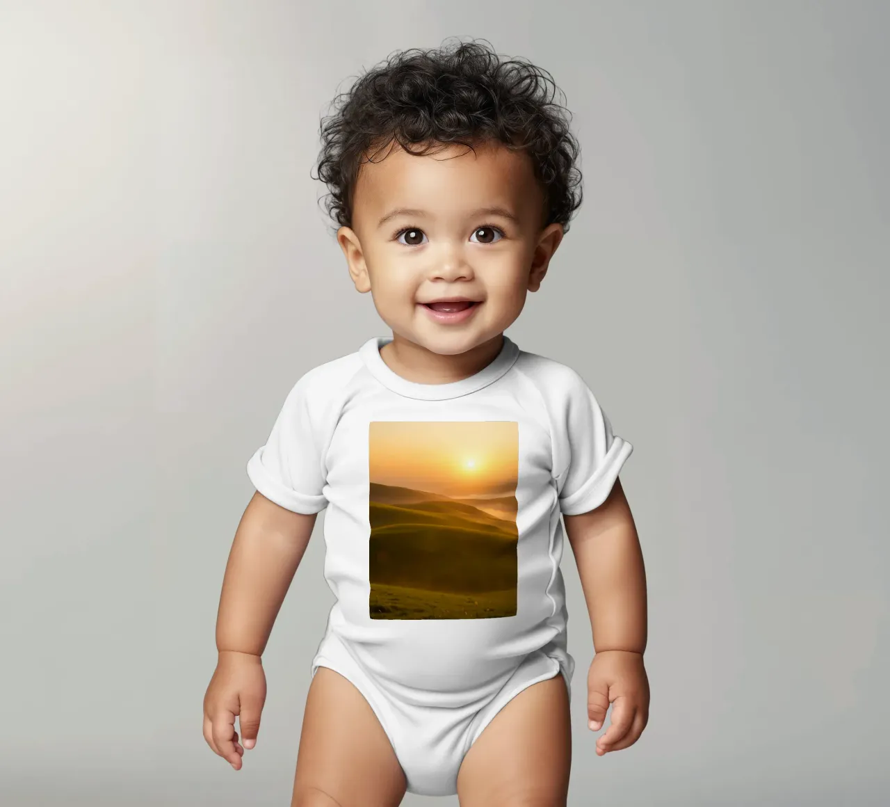 Sunset over rolling green hills with mist creating a serene short-sleeve baby romper by DesignDoodle