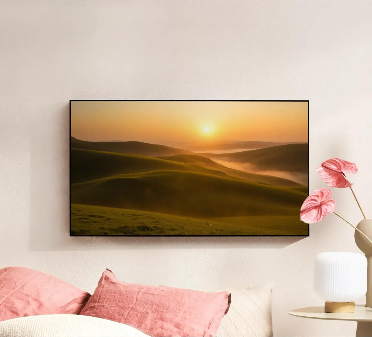 Sunset over rolling green hills with mist creating a serene acrylic glass by DesignDoodle