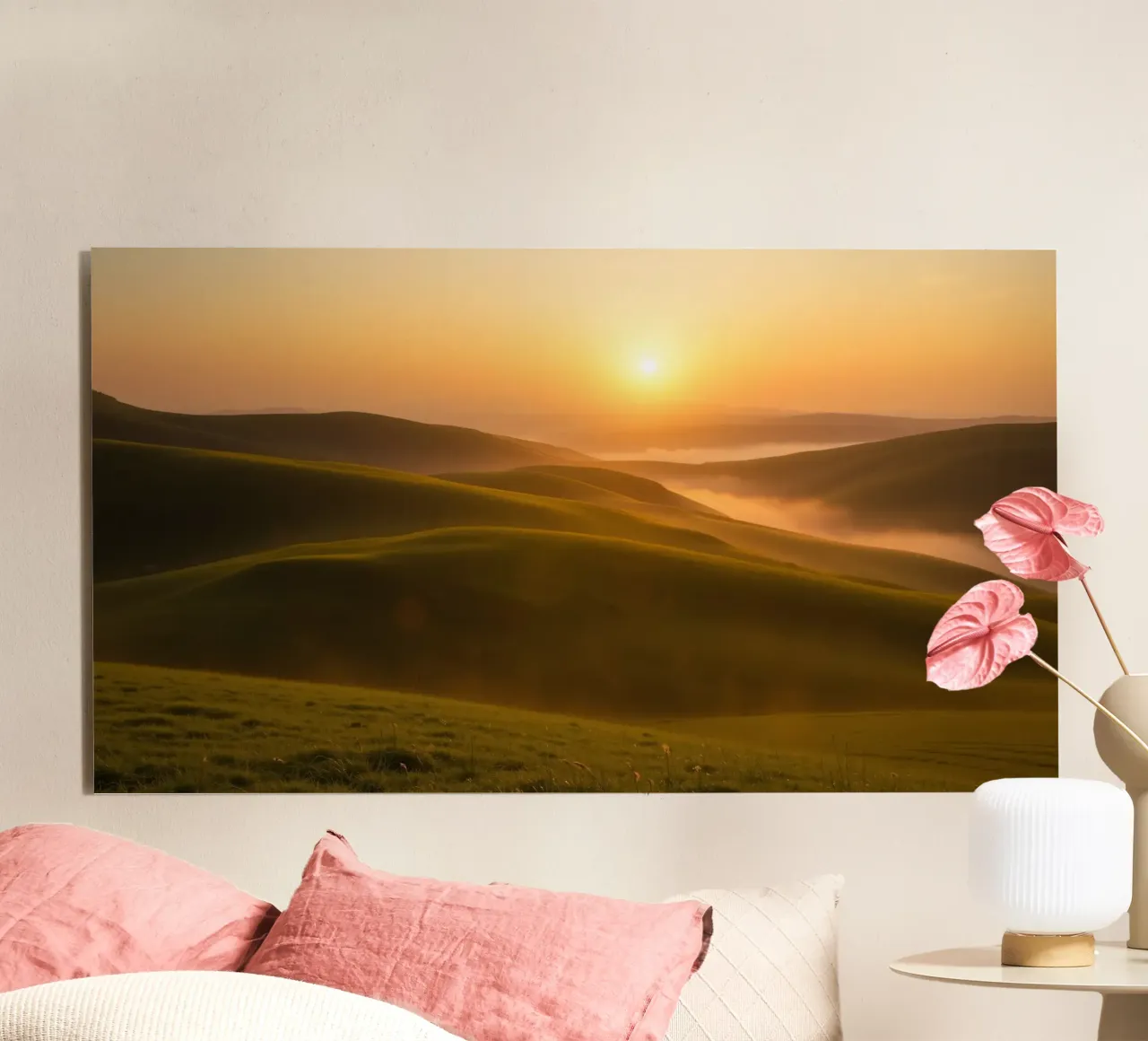 Sunset over rolling green hills with mist creating a serene forex plate by DesignDoodle