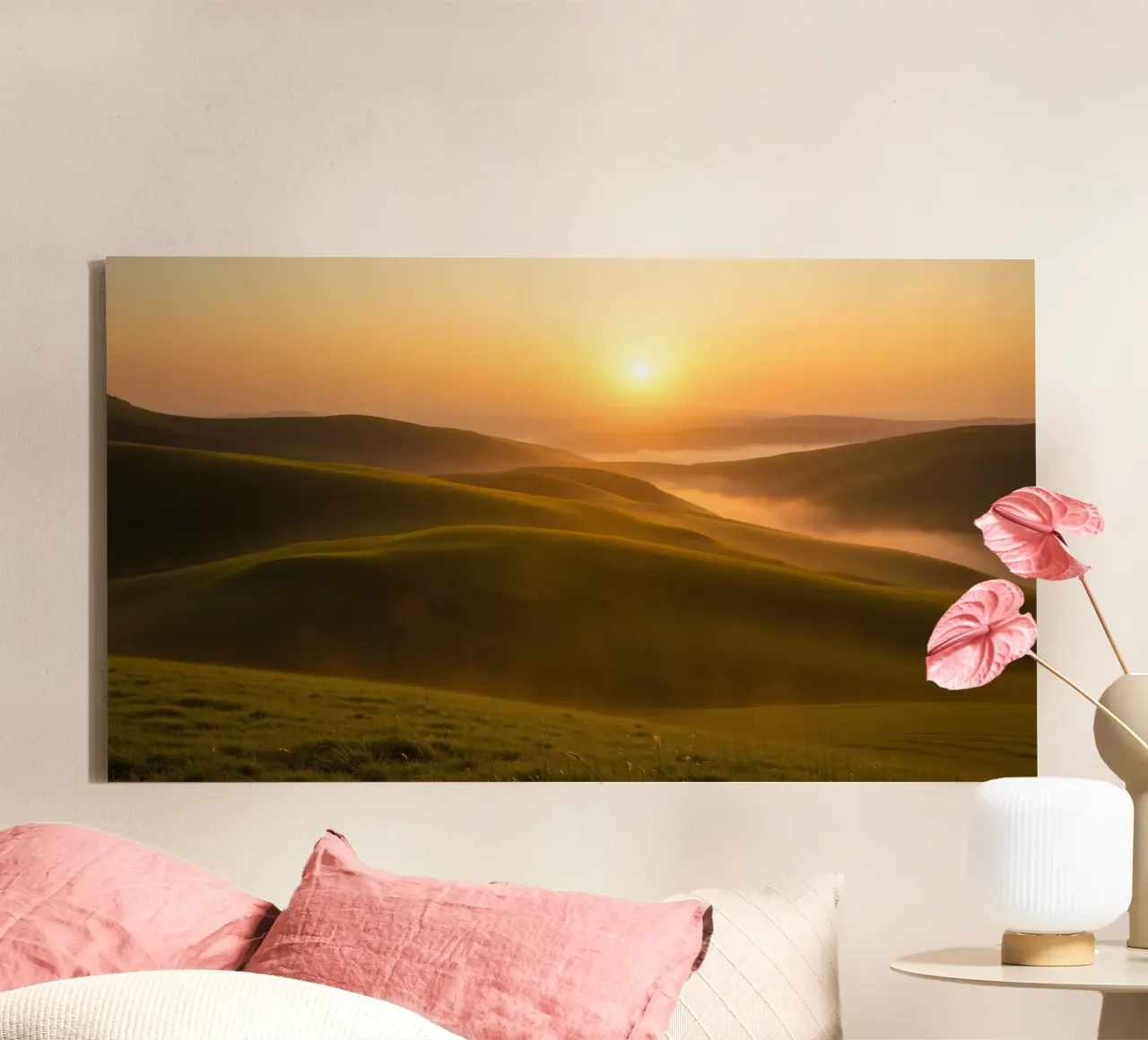 Sunset over rolling green hills with mist creating a serene canvas by DesignDoodle