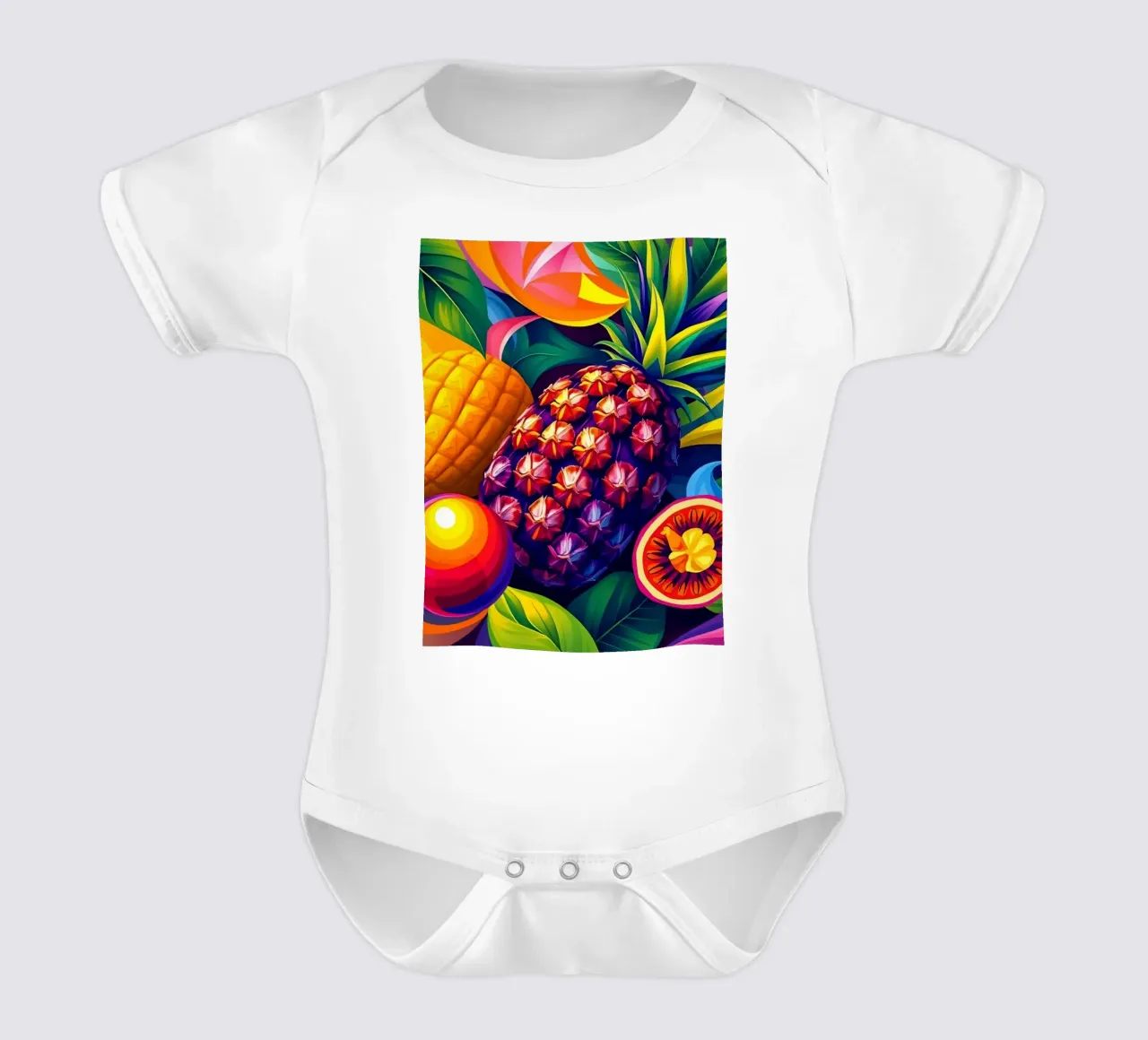 abstract fruit arrangement with bold colors and dynamics short-sleeve baby romper by DesignDoodle