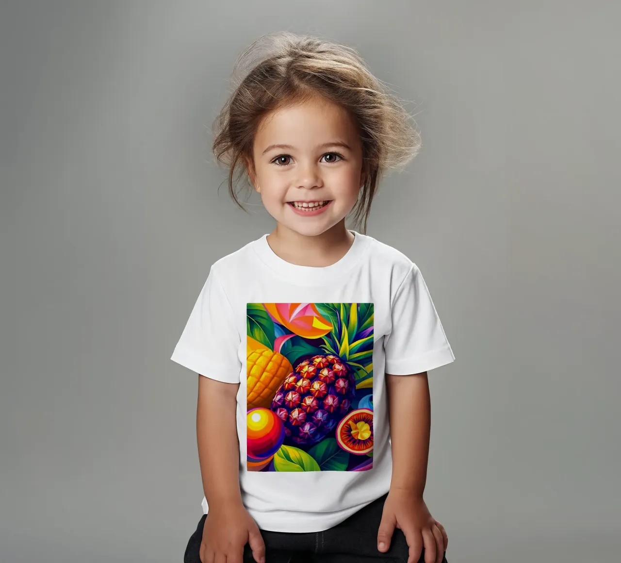 abstract fruit arrangement with bold colors and dynamics kids t-shirt by DesignDoodle