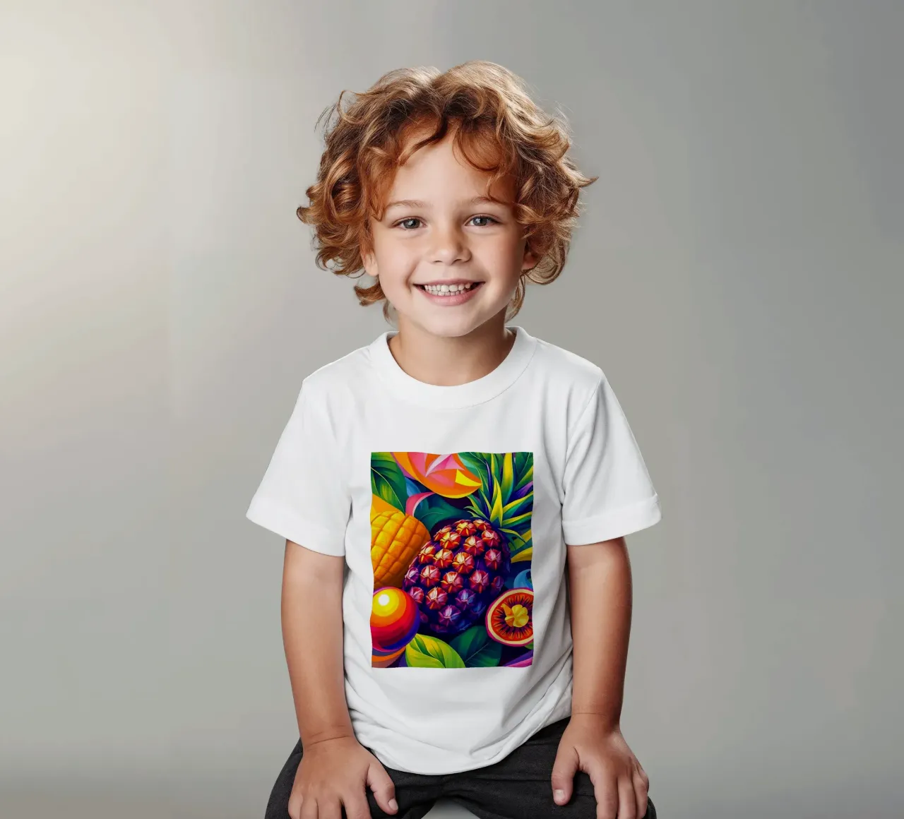 abstract fruit arrangement with bold colors and dynamics kids t-shirt by DesignDoodle