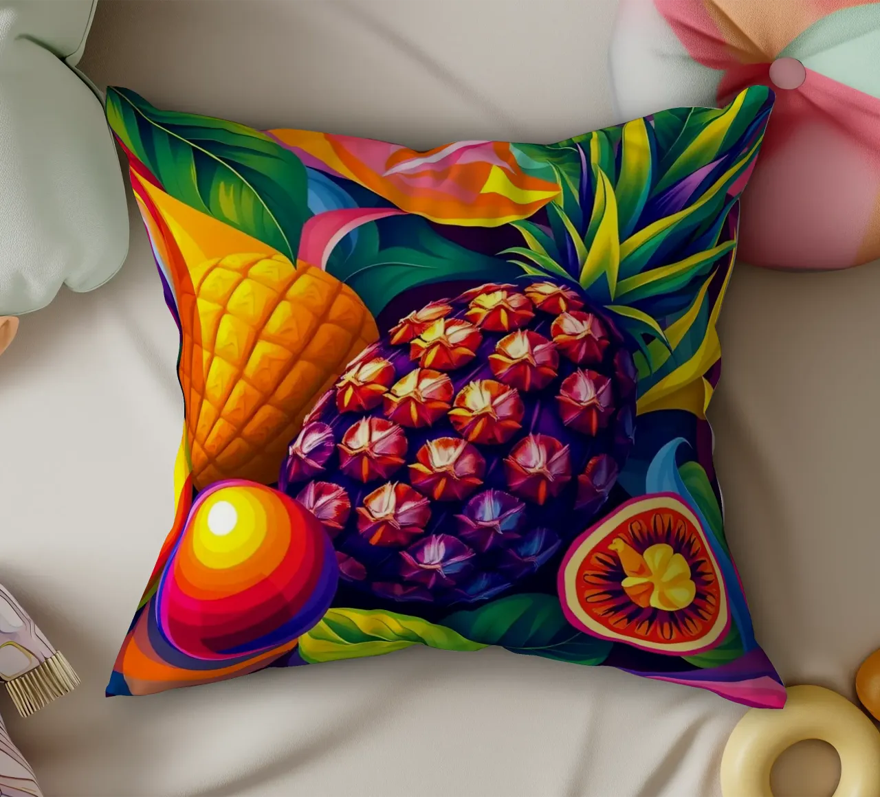 Composizione astratta di frutta con colori e dinamiche vivaci cuscino da DesignDoodle