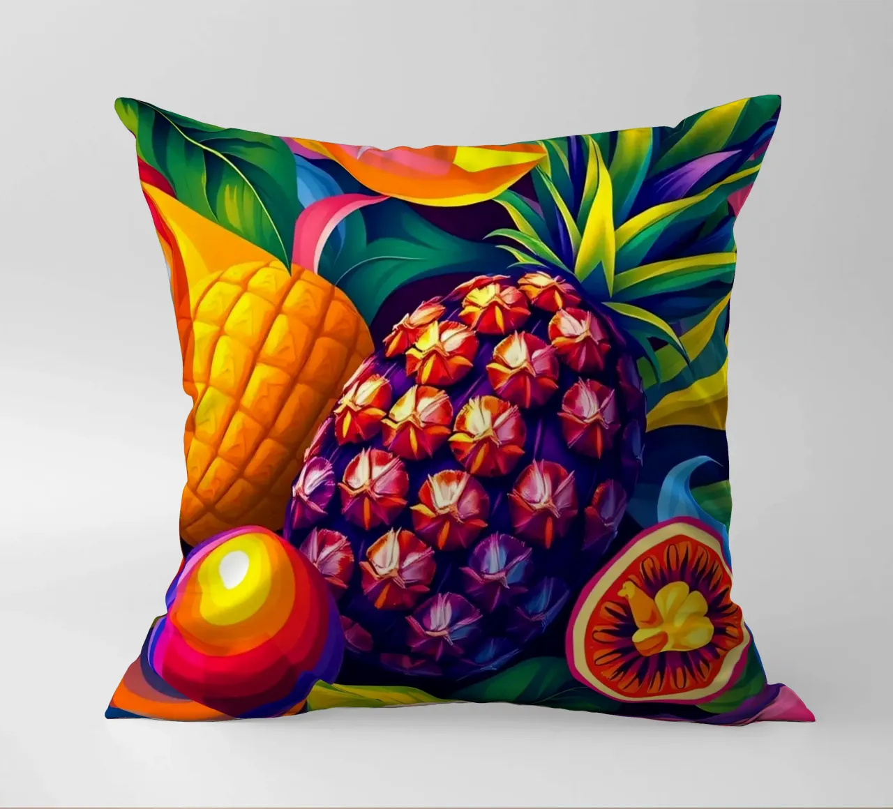 Composizione astratta di frutta con colori e dinamiche vivaci cuscino da DesignDoodle