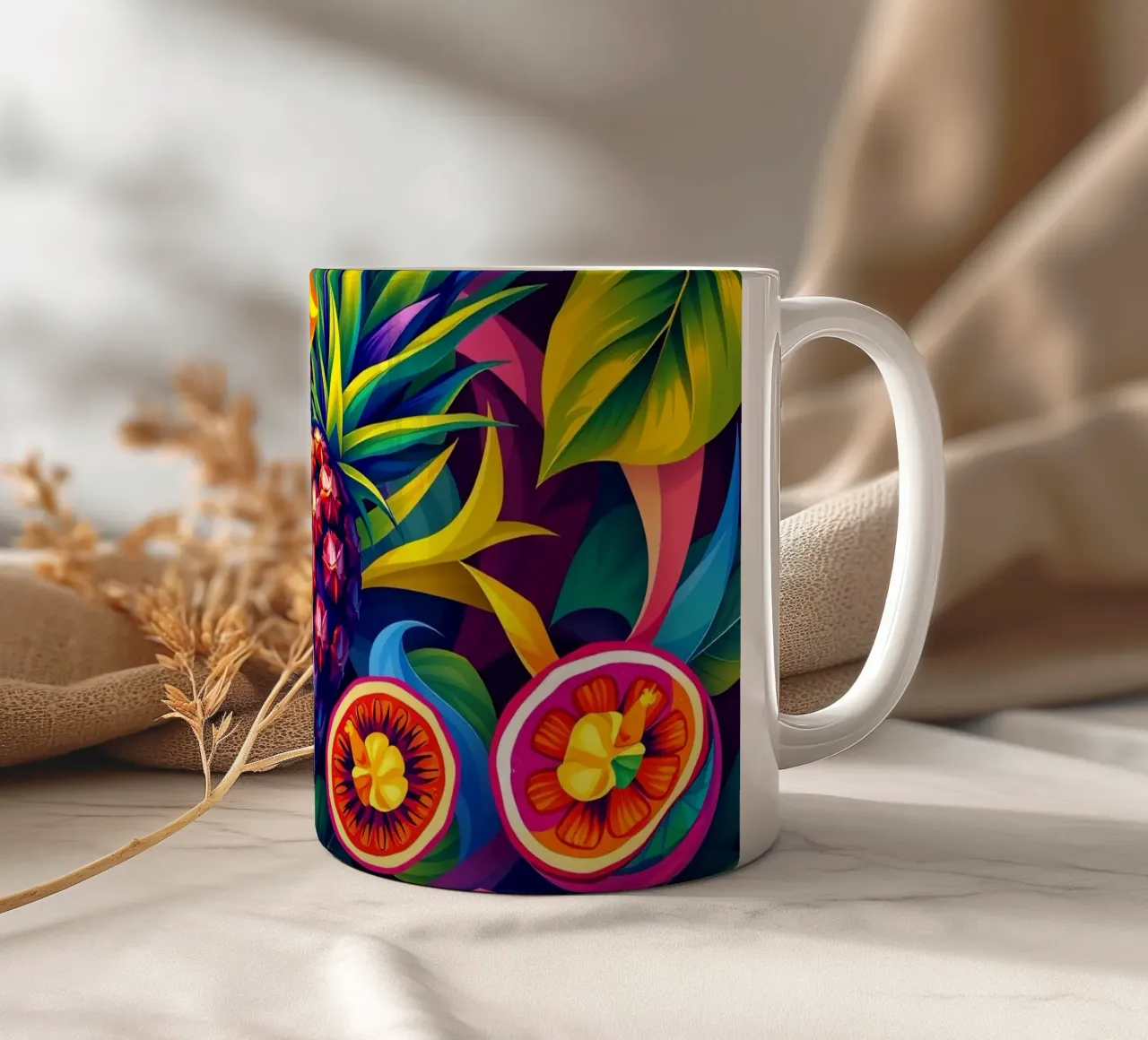 Composizione astratta di frutta con colori e dinamiche vivaci tazza in ceramica da DesignDoodle