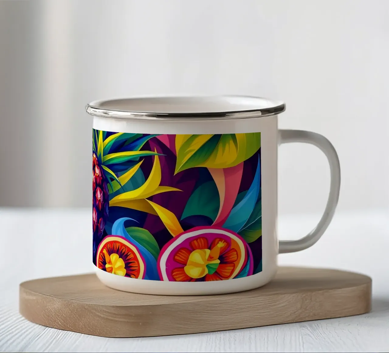 Composizione astratta di frutta con colori e dinamiche vivaci tazza in smalto da DesignDoodle