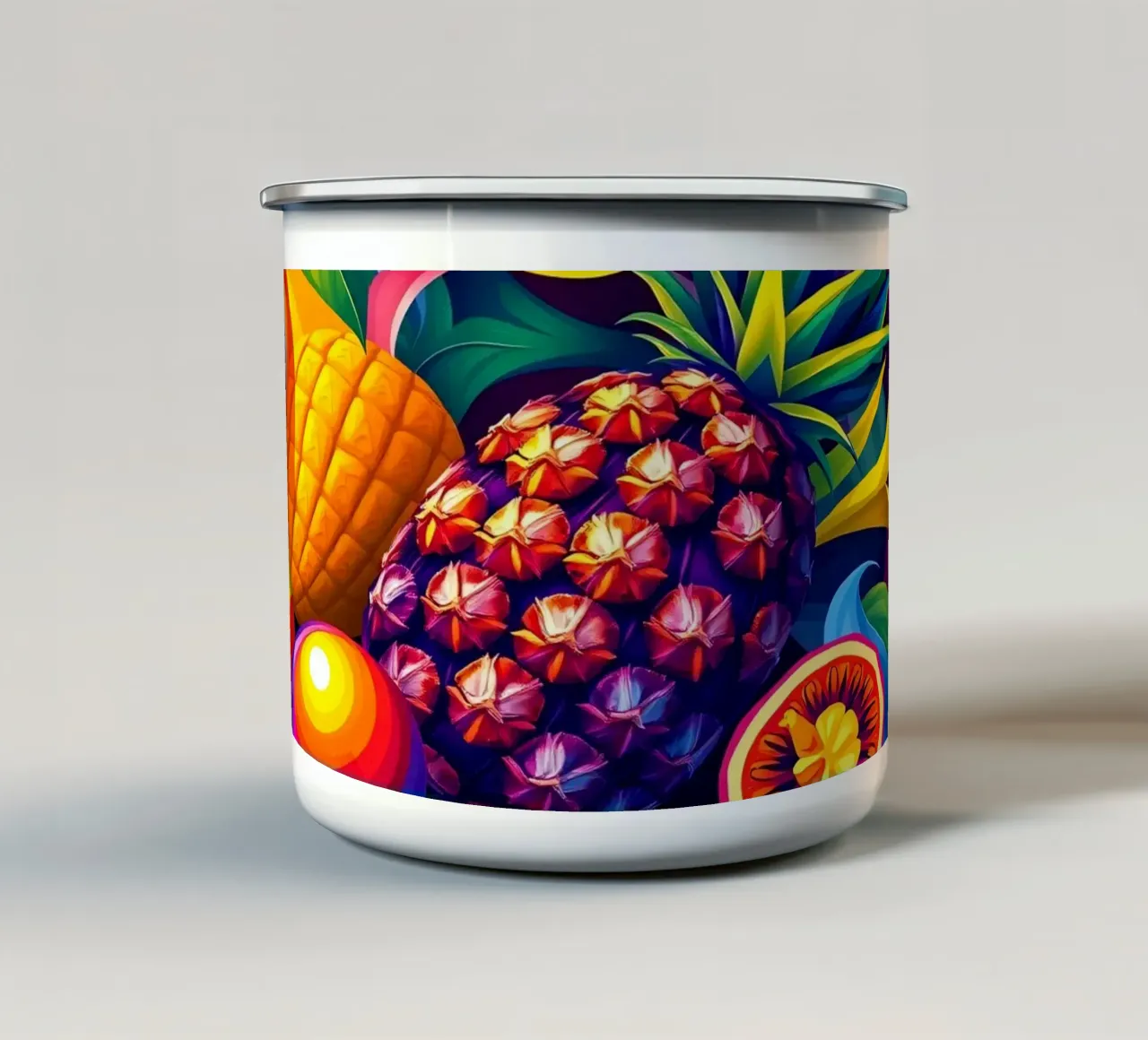 Composizione astratta di frutta con colori e dinamiche vivaci tazza in smalto da DesignDoodle