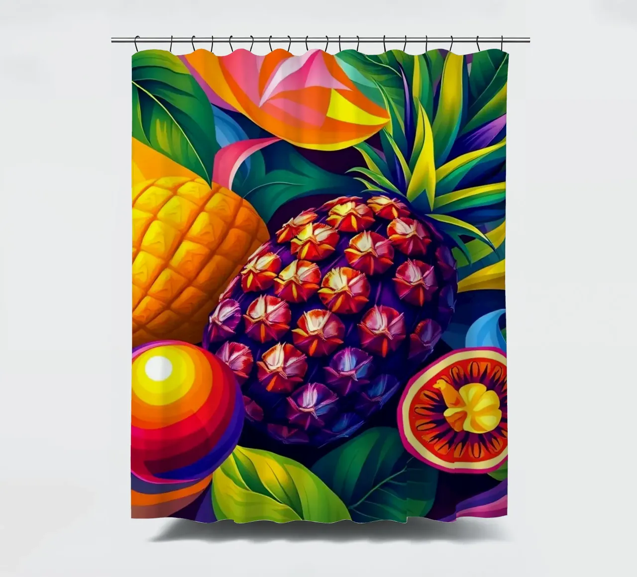 Composizione astratta di frutta con colori e dinamiche vivaci tenda da doccia da DesignDoodle