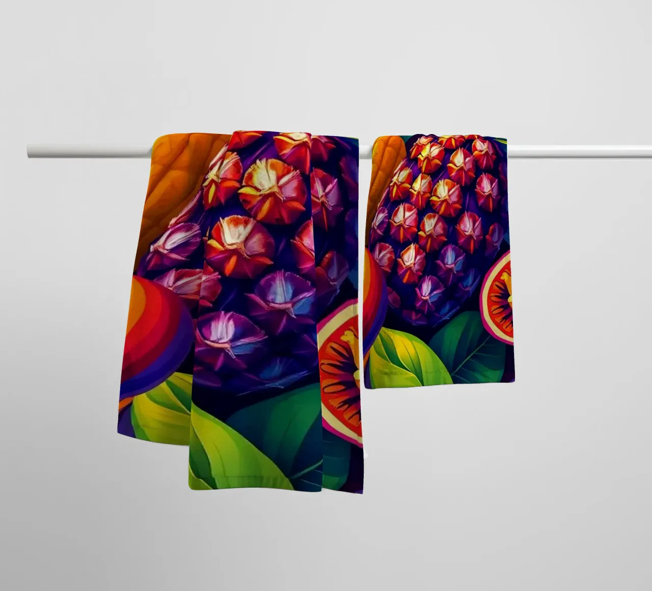 abstract fruit arrangement with bold colors and dynamics towel by DesignDoodle