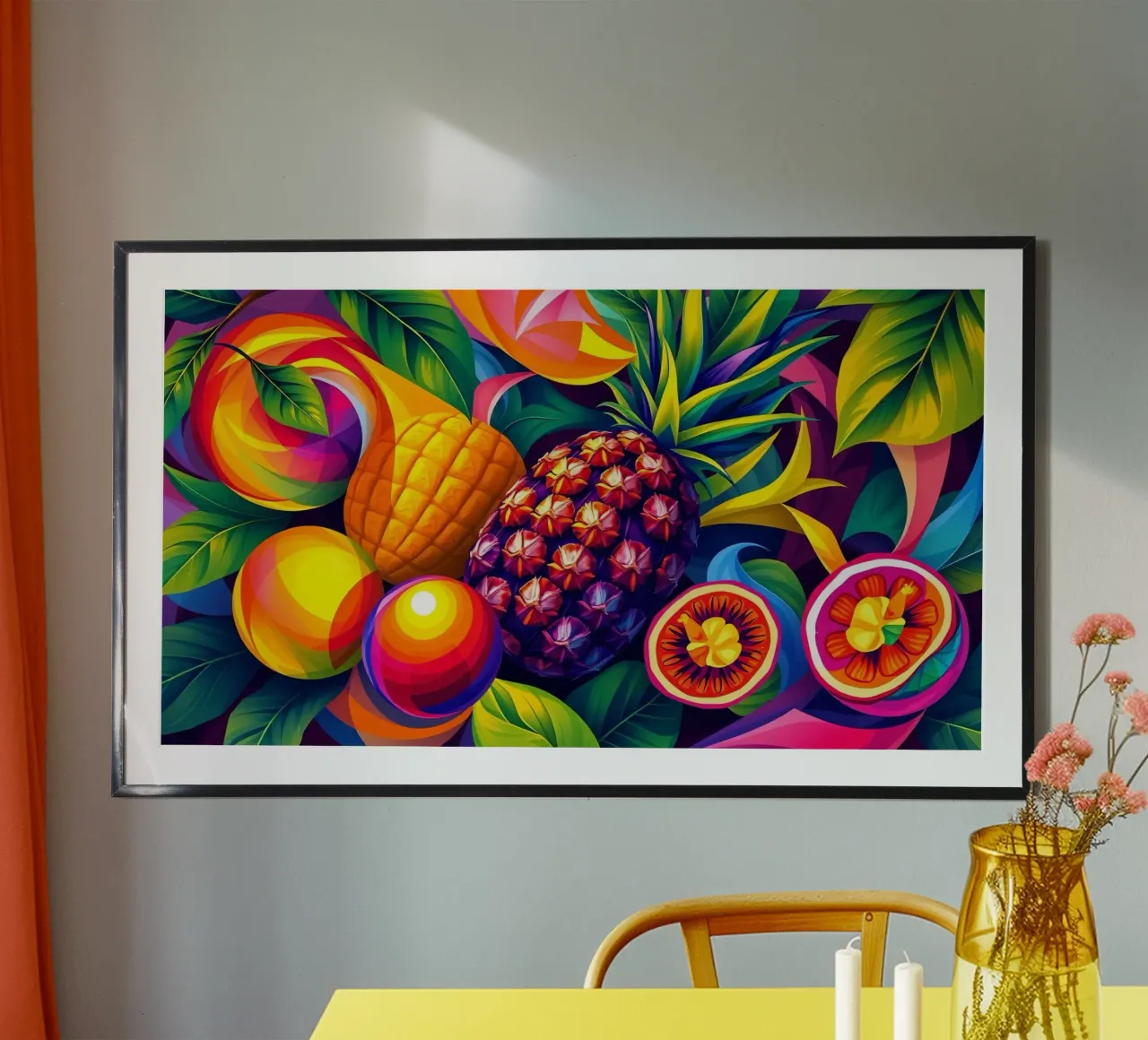 abstraktes Fruchtarrangement mit kräftigen Farben und Dynamik Poster von DesignDoodle