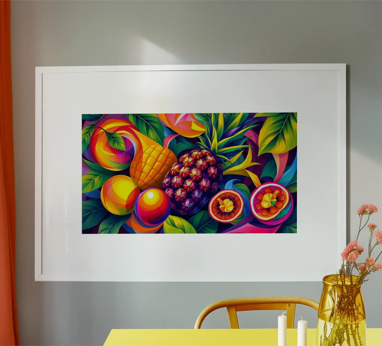 abstraktes Fruchtarrangement mit kräftigen Farben und Dynamik Poster von DesignDoodle