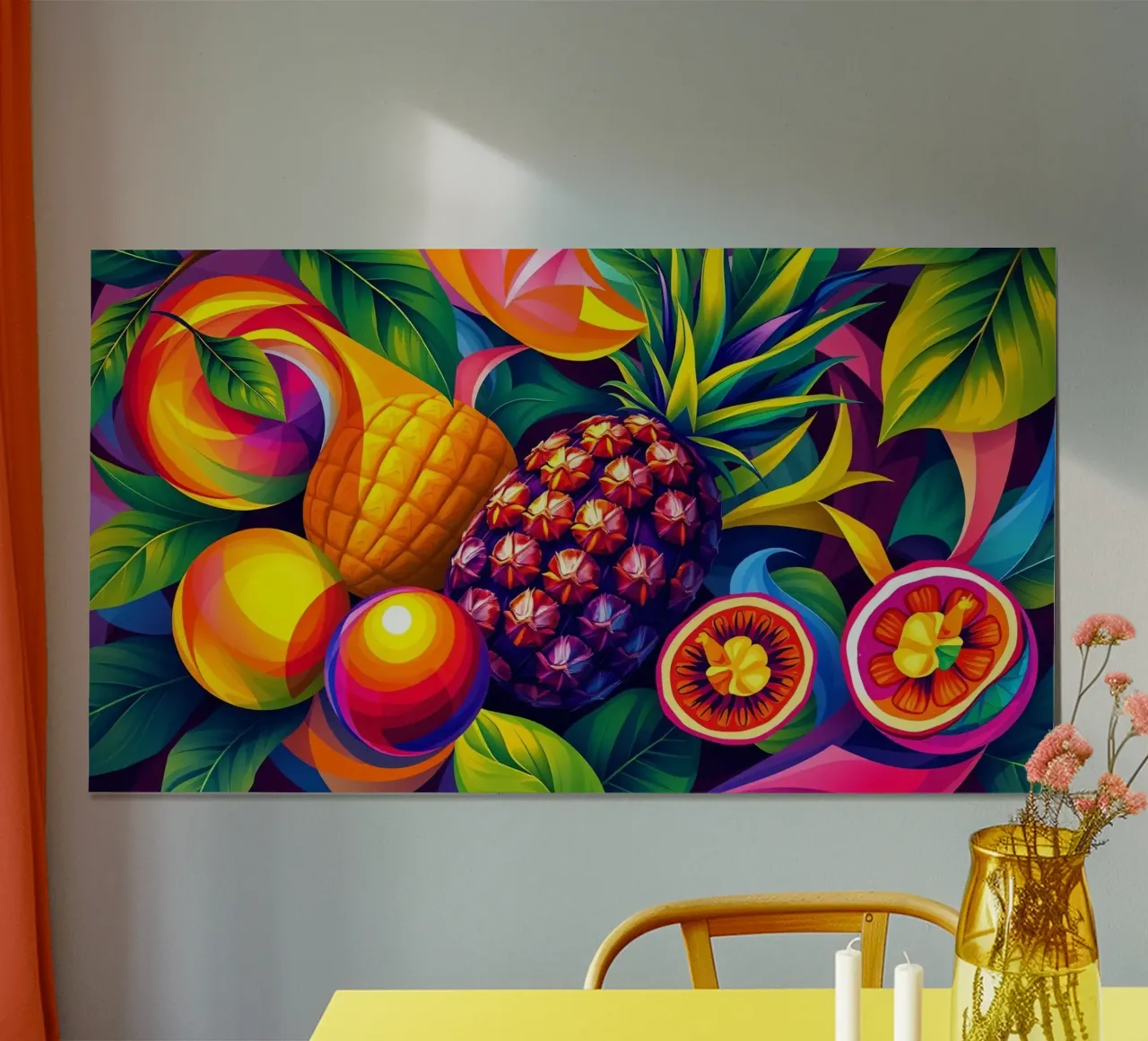 abstraktes Fruchtarrangement mit kräftigen Farben und Dynamik Poster von DesignDoodle