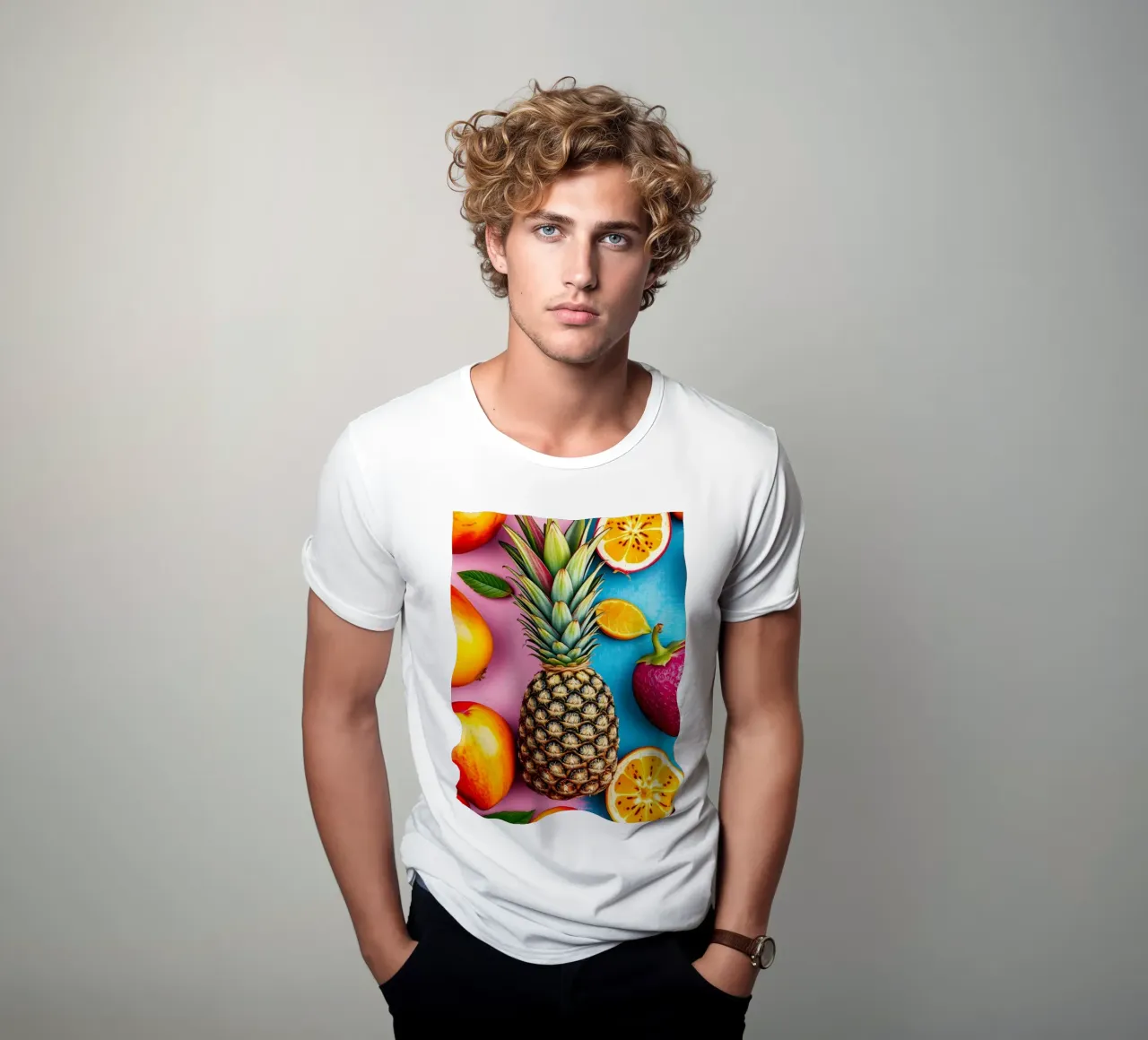 Vibrante composizione di frutta tropicale su sfondo colorato t-shirt da DesignDoodle