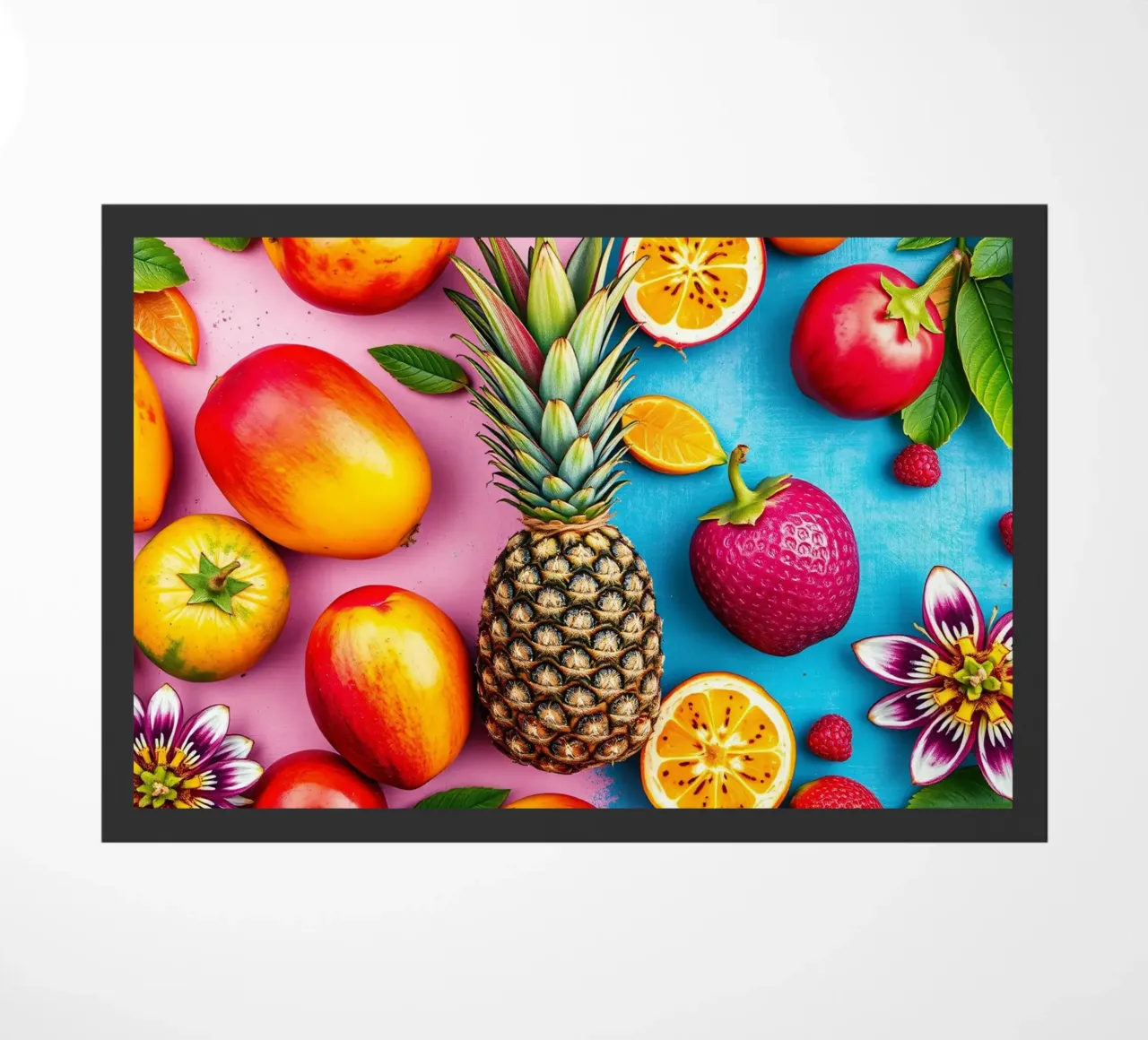 Vibrant tropical fruit arrangement on colorful background doormat by DesignDoodle