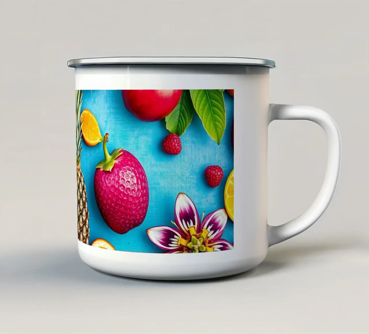Vibrante composizione di frutta tropicale su sfondo colorato tazza in smalto da DesignDoodle