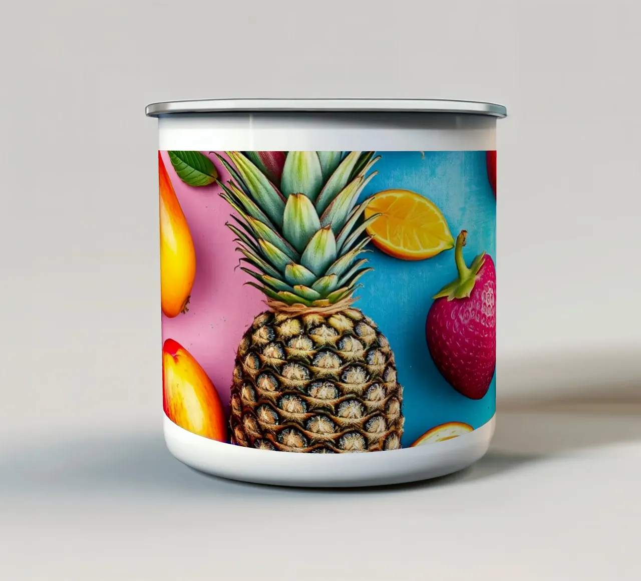 Vibrante composizione di frutta tropicale su sfondo colorato tazza in smalto da DesignDoodle