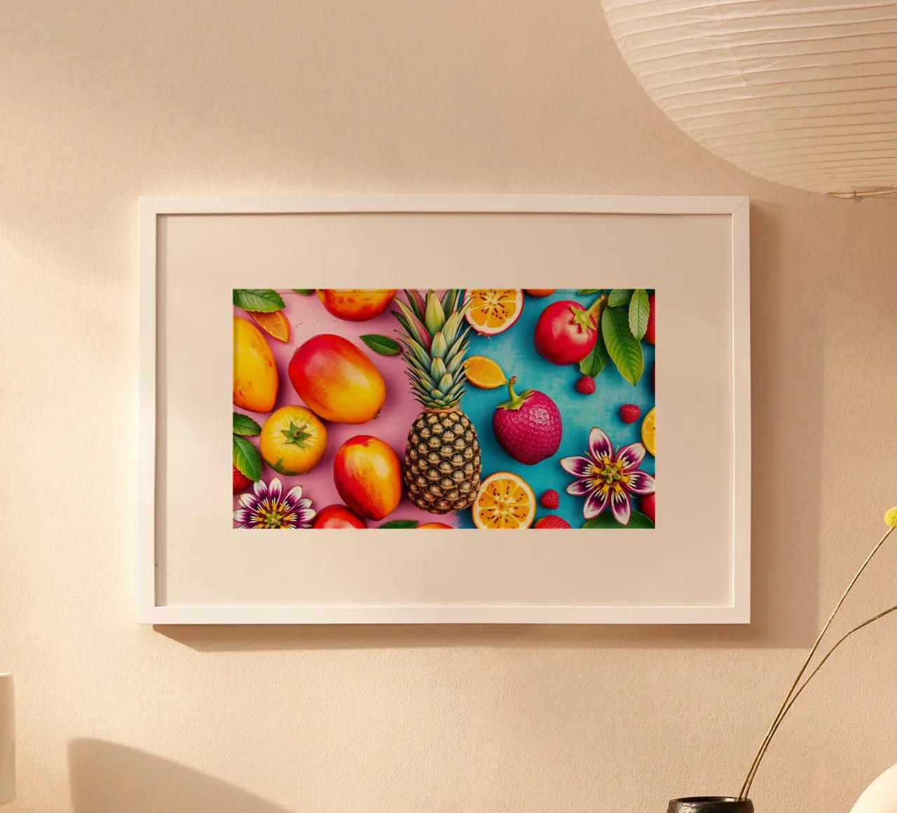 Vibrante composizione di frutta tropicale su sfondo colorato poster da DesignDoodle