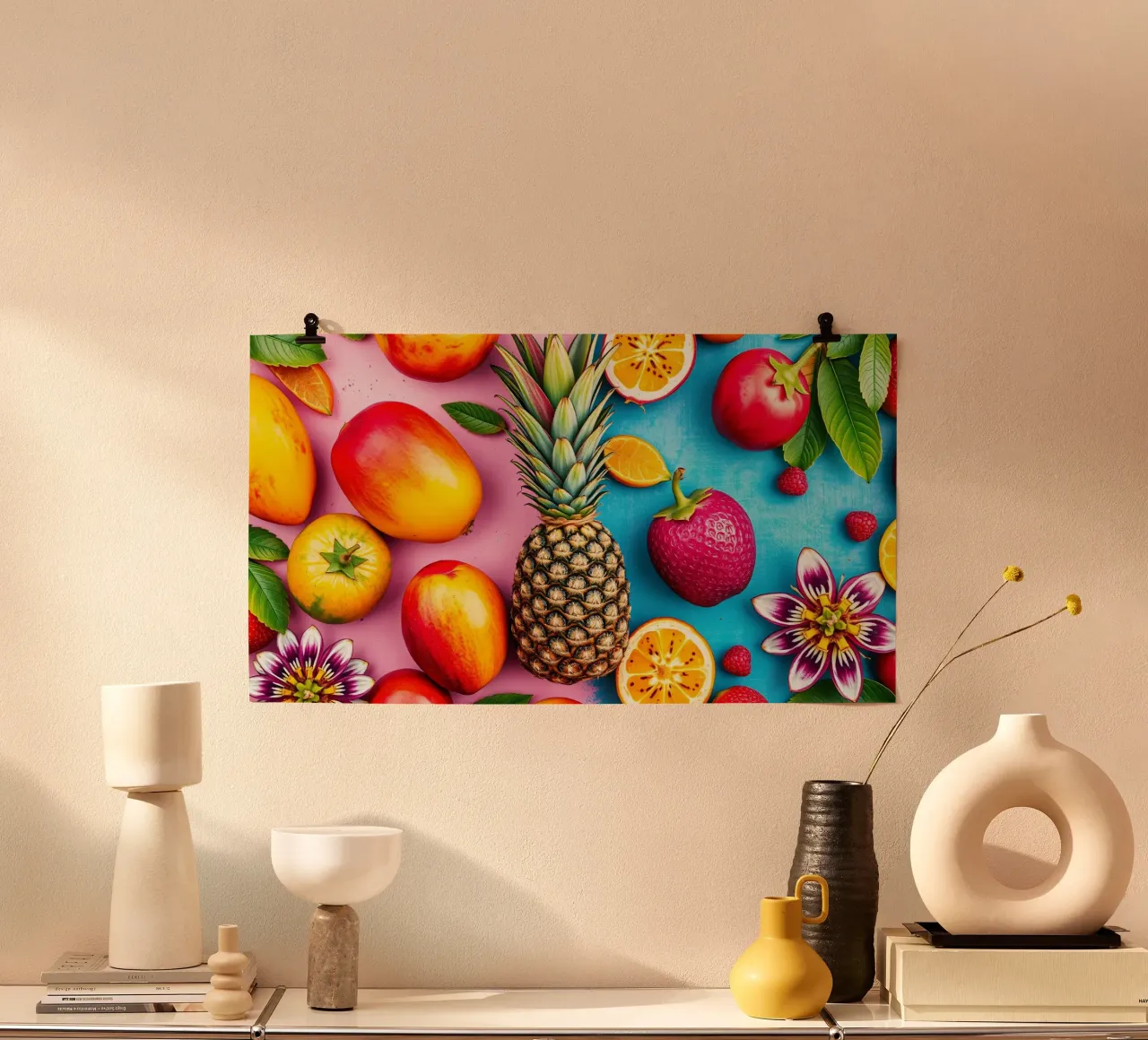 Vibrante composizione di frutta tropicale su sfondo colorato poster da DesignDoodle