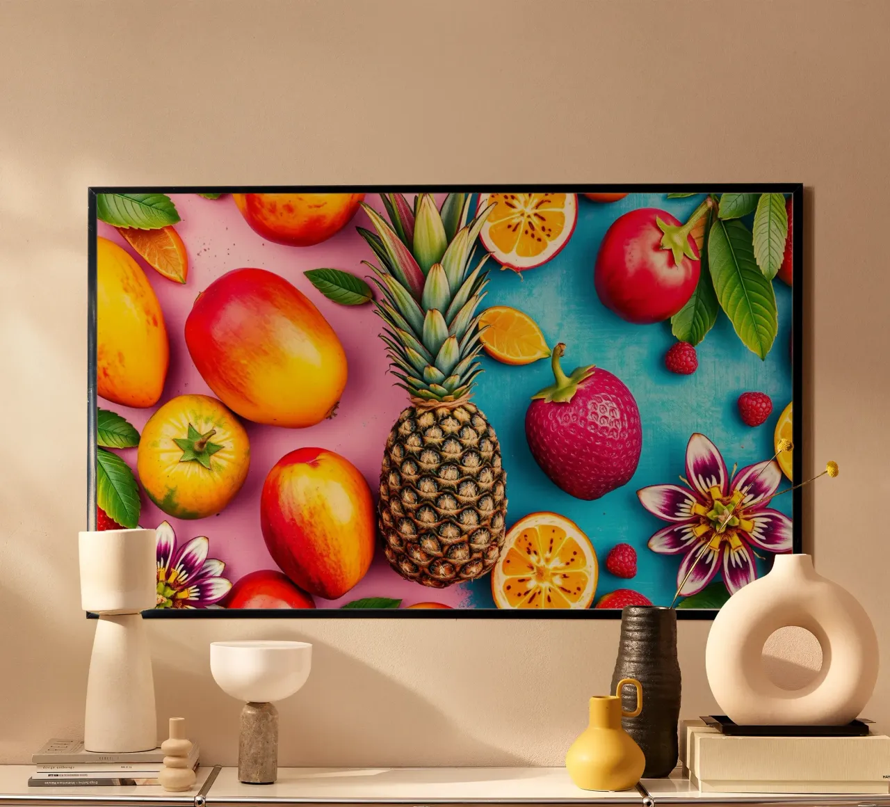 Vibrante composizione di frutta tropicale su sfondo colorato poster da DesignDoodle