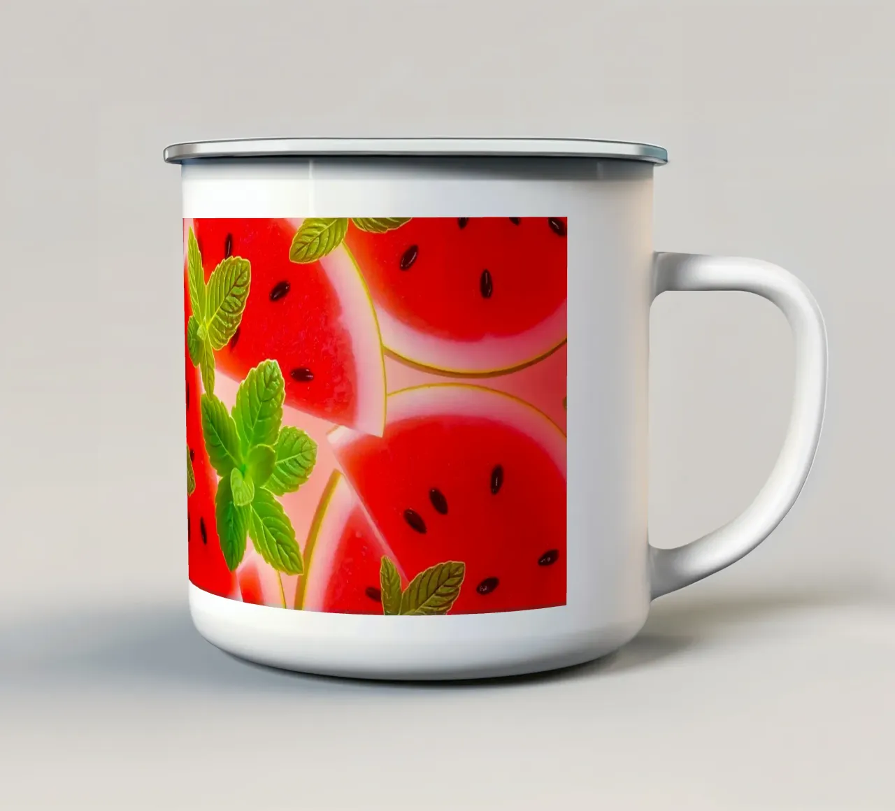 Fette di anguria con foglie di menta creano una fresca estate tazza in smalto da DesignDoodle
