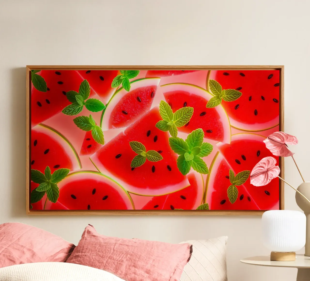 Des tranches de pastèque avec des feuilles de menthe pour un été tout en fraîcheur toile avec Caisse américaine de DesignDoodle