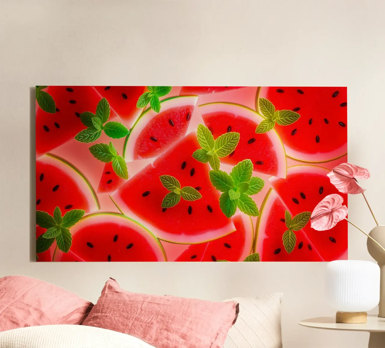 Des tranches de pastèque avec des feuilles de menthe pour un été tout en fraîcheur toile avec Caisse américaine de DesignDoodle