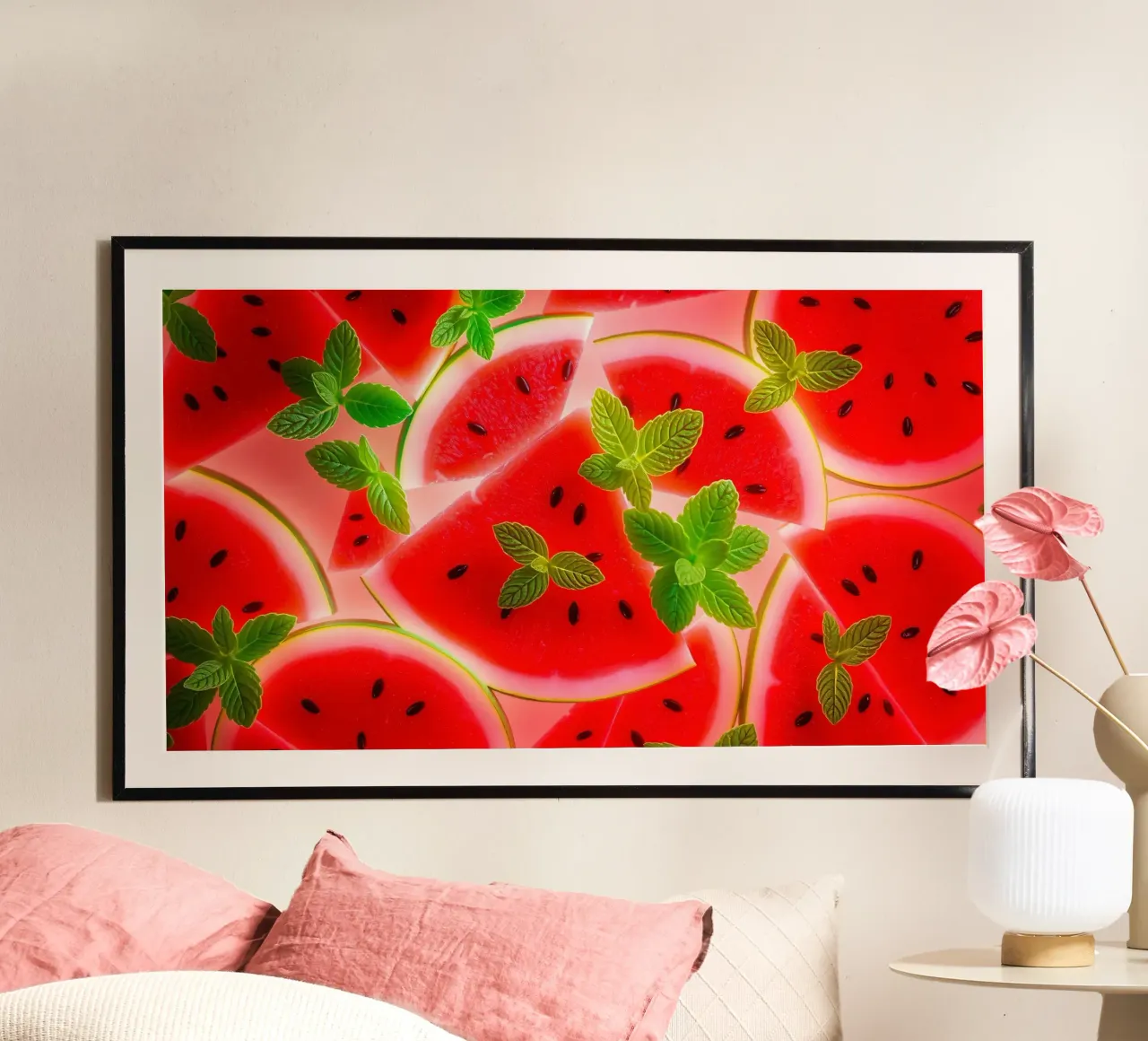 Des tranches de pastèque avec des feuilles de menthe pour un été tout en fraîcheur poster de DesignDoodle