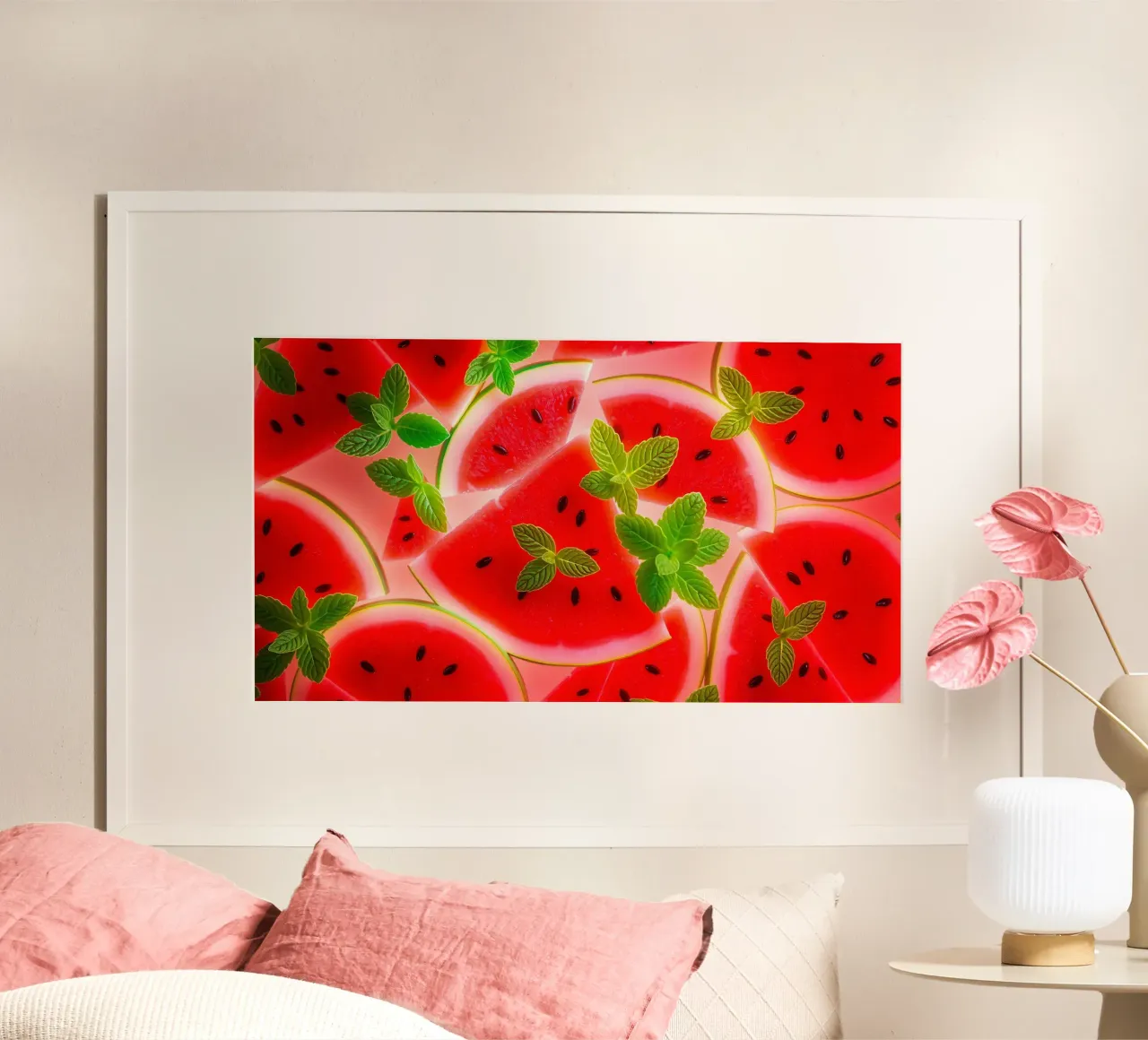 Des tranches de pastèque avec des feuilles de menthe pour un été tout en fraîcheur poster de DesignDoodle