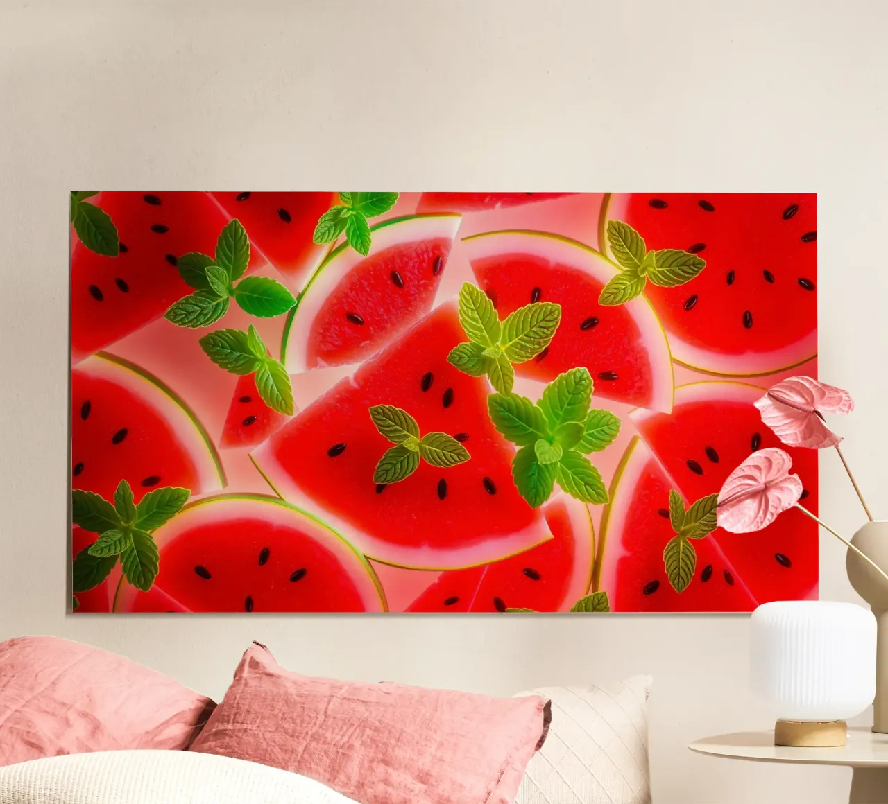 Des tranches de pastèque avec des feuilles de menthe pour un été tout en fraîcheur poster de DesignDoodle