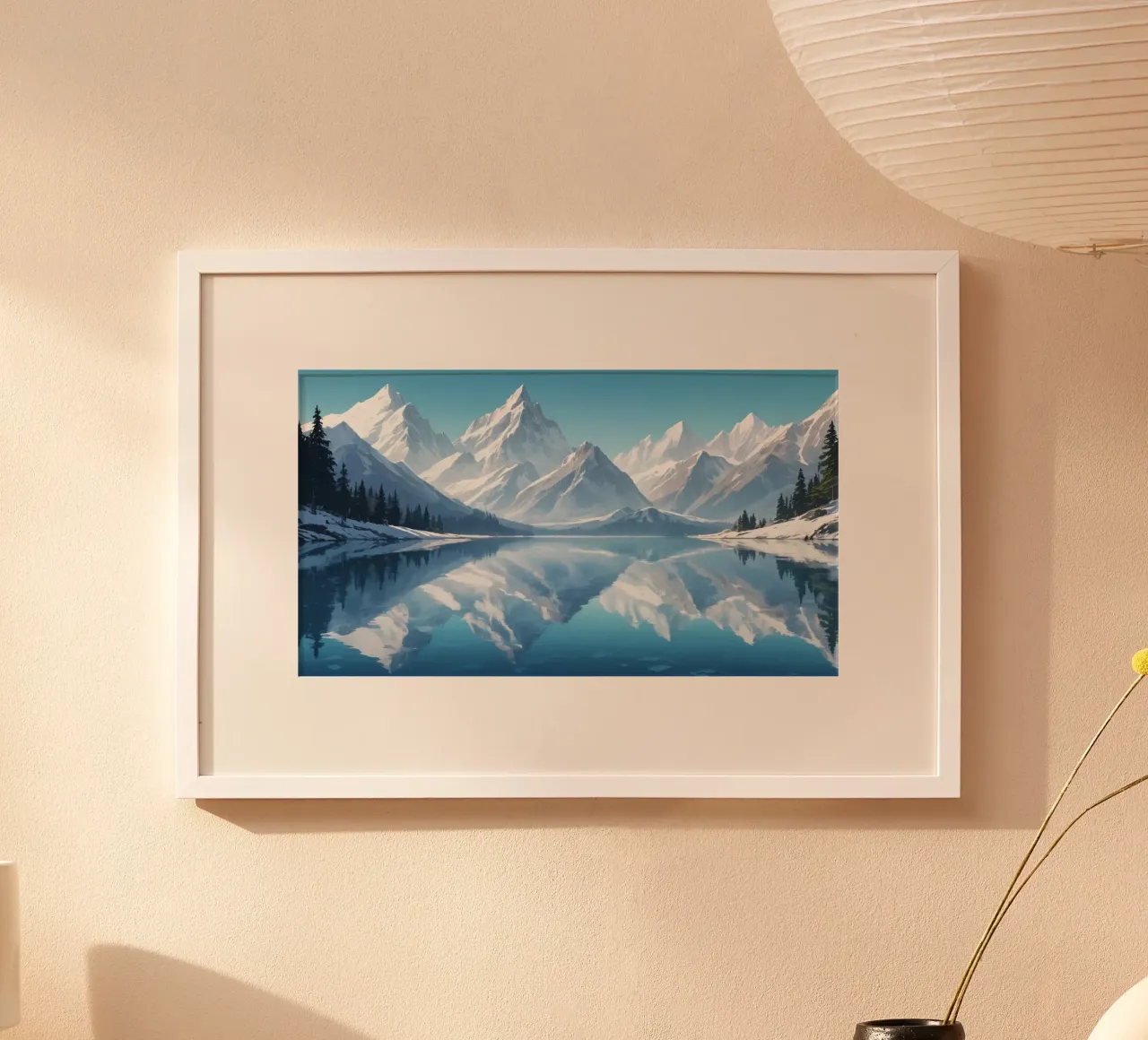 Majestueuze bergen weerspiegeld in een sereen meer omringd hahnemühle van DesignDoodle