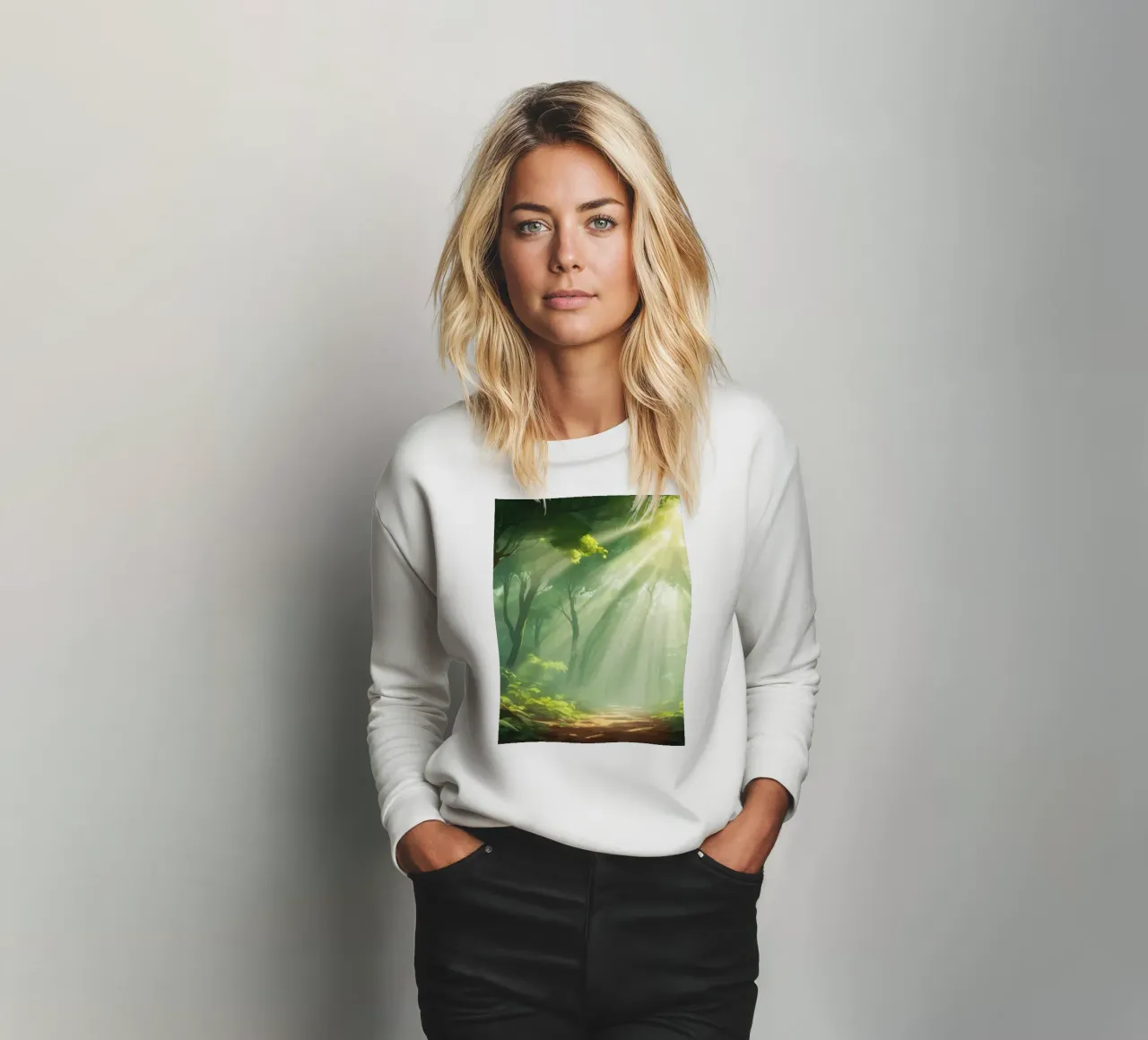 Sunlight filters through a lush forest creating a serene sweatshirt by DesignDoodle