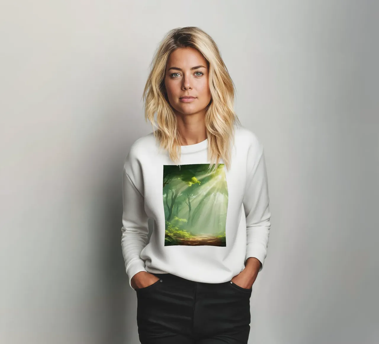 Sunlight filters through a lush forest creating a serene sweatshirt by DesignDoodle