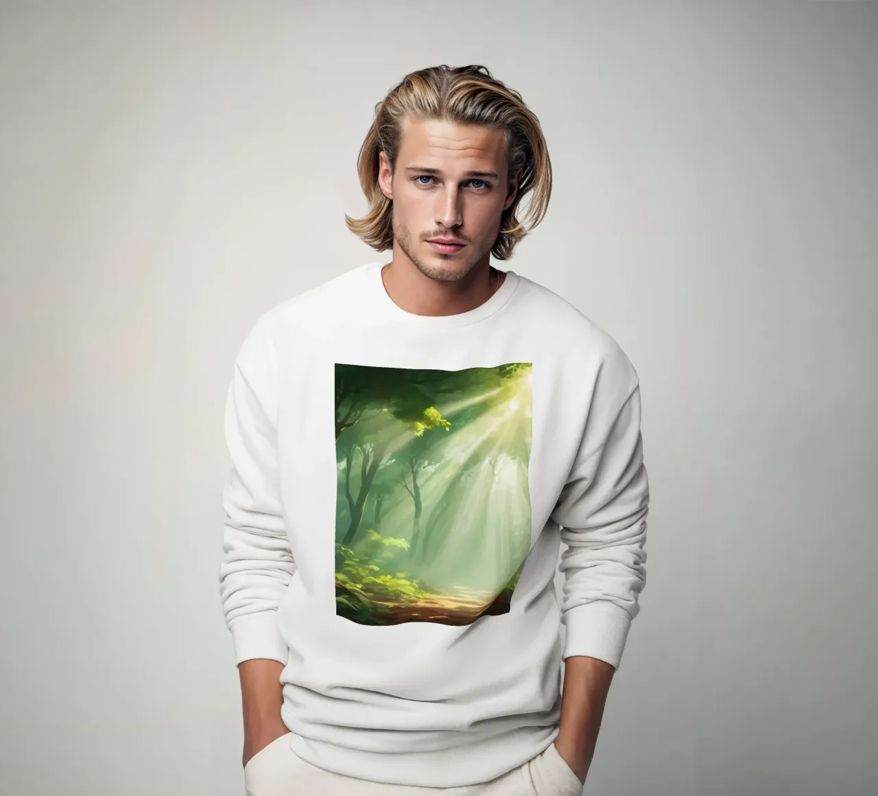 Sunlight filters through a lush forest creating a serene sweatshirt by DesignDoodle
