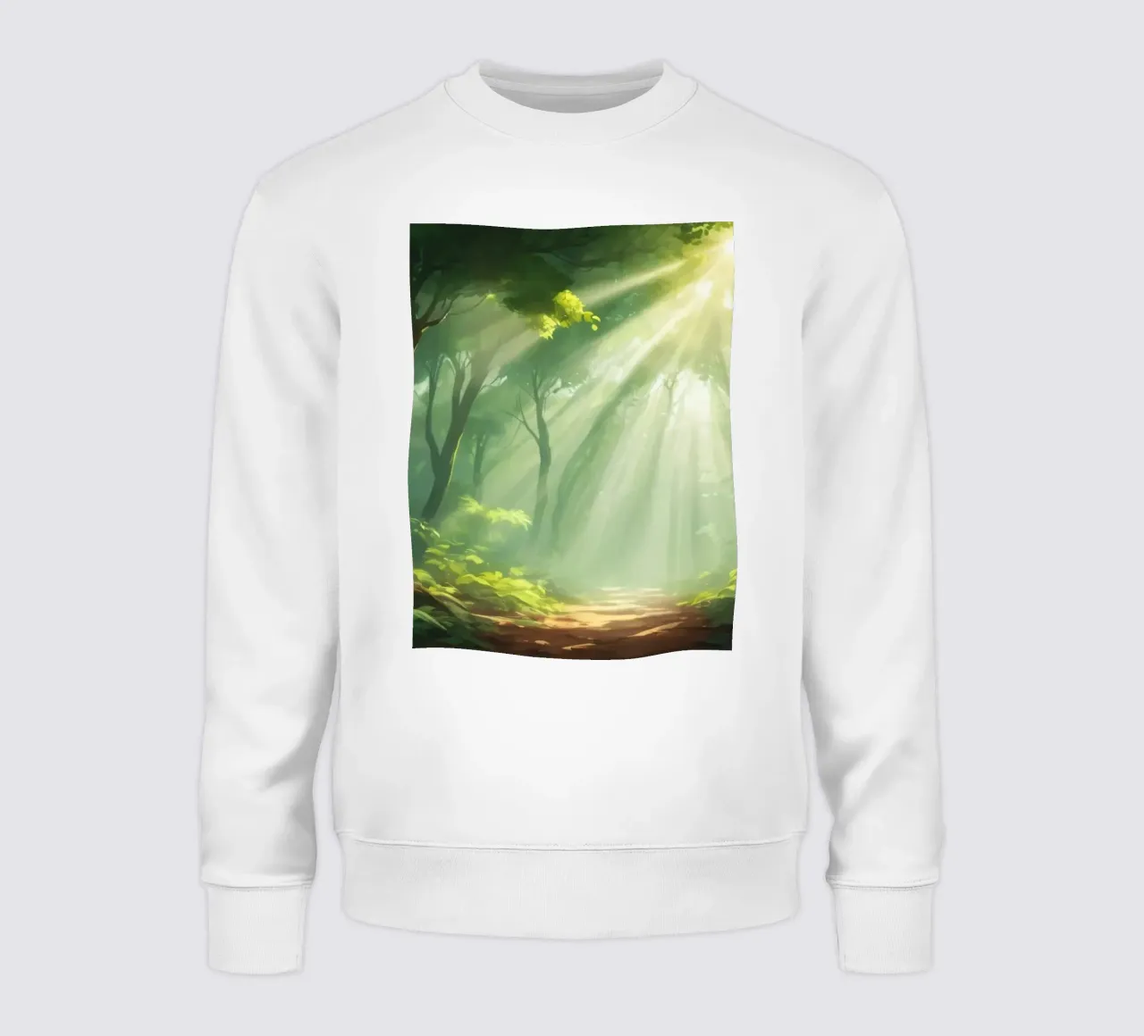 Sunlight filters through a lush forest creating a serene sweatshirt by DesignDoodle