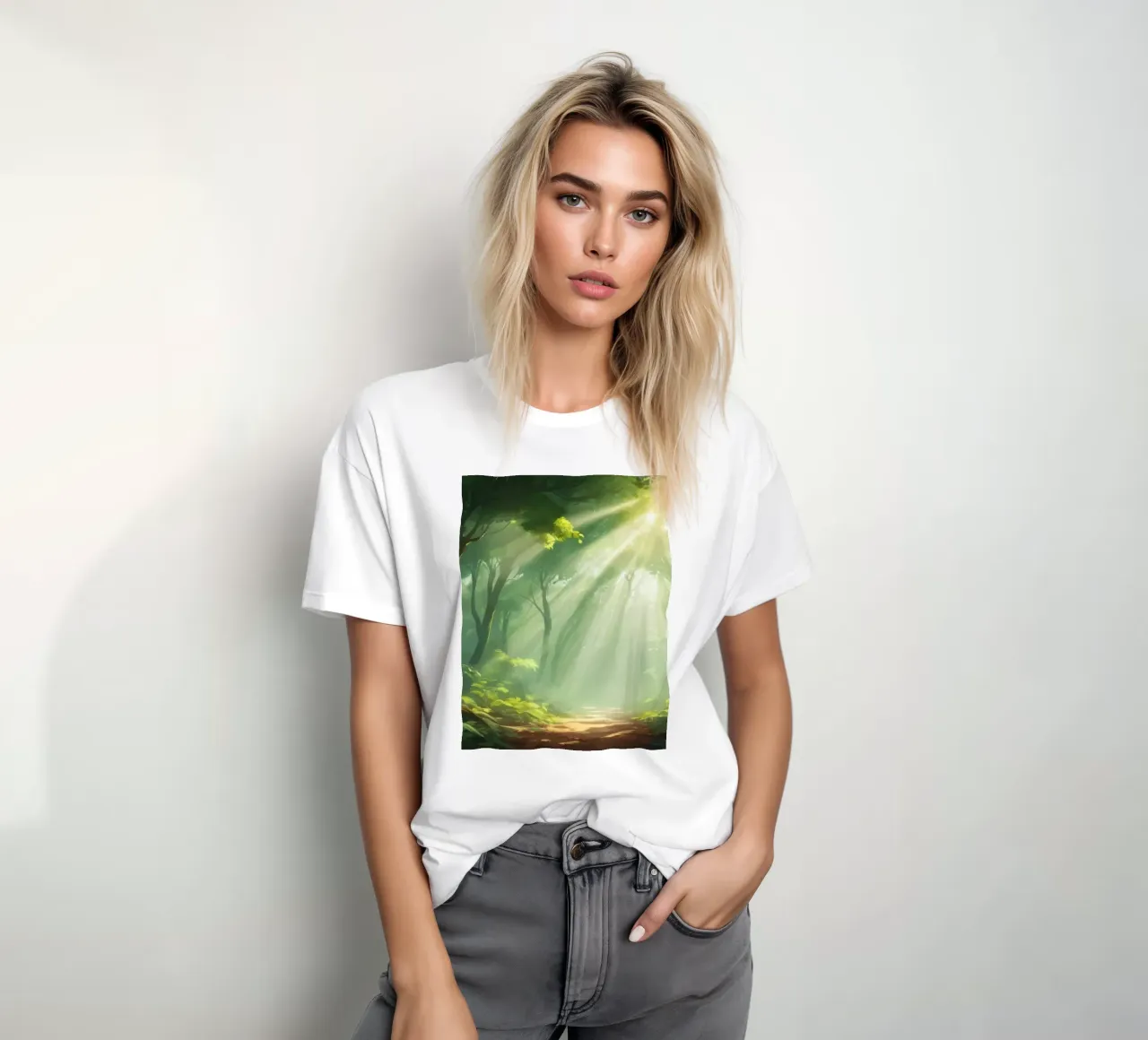 Sunlight filters through a lush forest creating a serene t-shirt by DesignDoodle